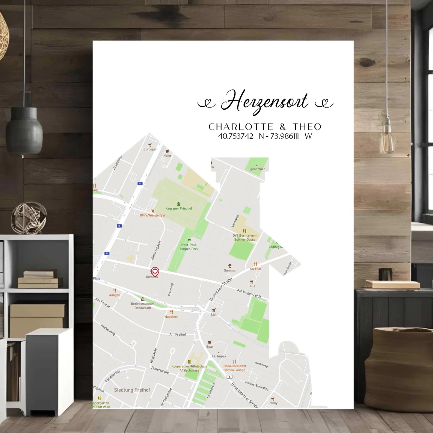 Personalisierte Straßenkarte mit Haus - Herzensort - mit Spruch, Namen und Koordinaten - Motiv Druck mit Premium Semi-Glossy Poster - halbglänzend auf nachhaltigem Papier halbglänzend