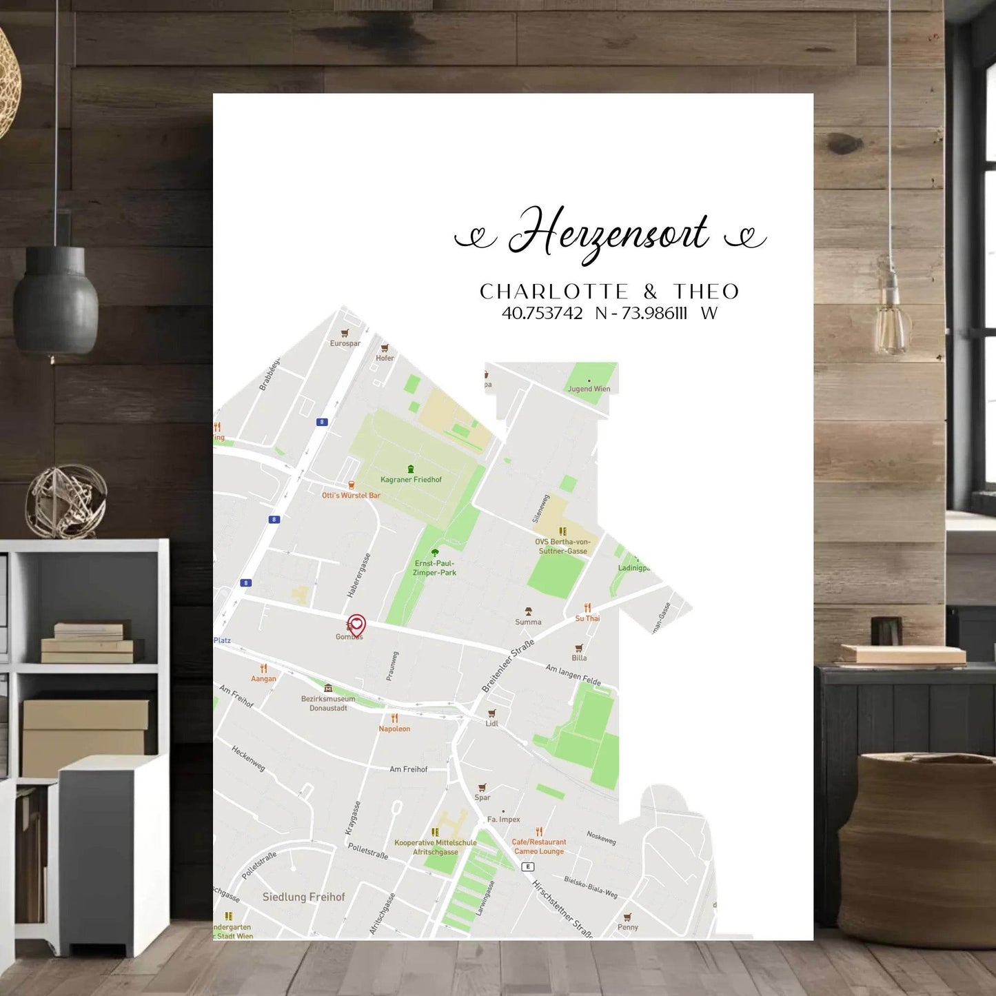 happy-prints.eu - Personalisierte Straßenkarte mit Haus - Herzensort - mit Spruch, Namen und Koordinaten