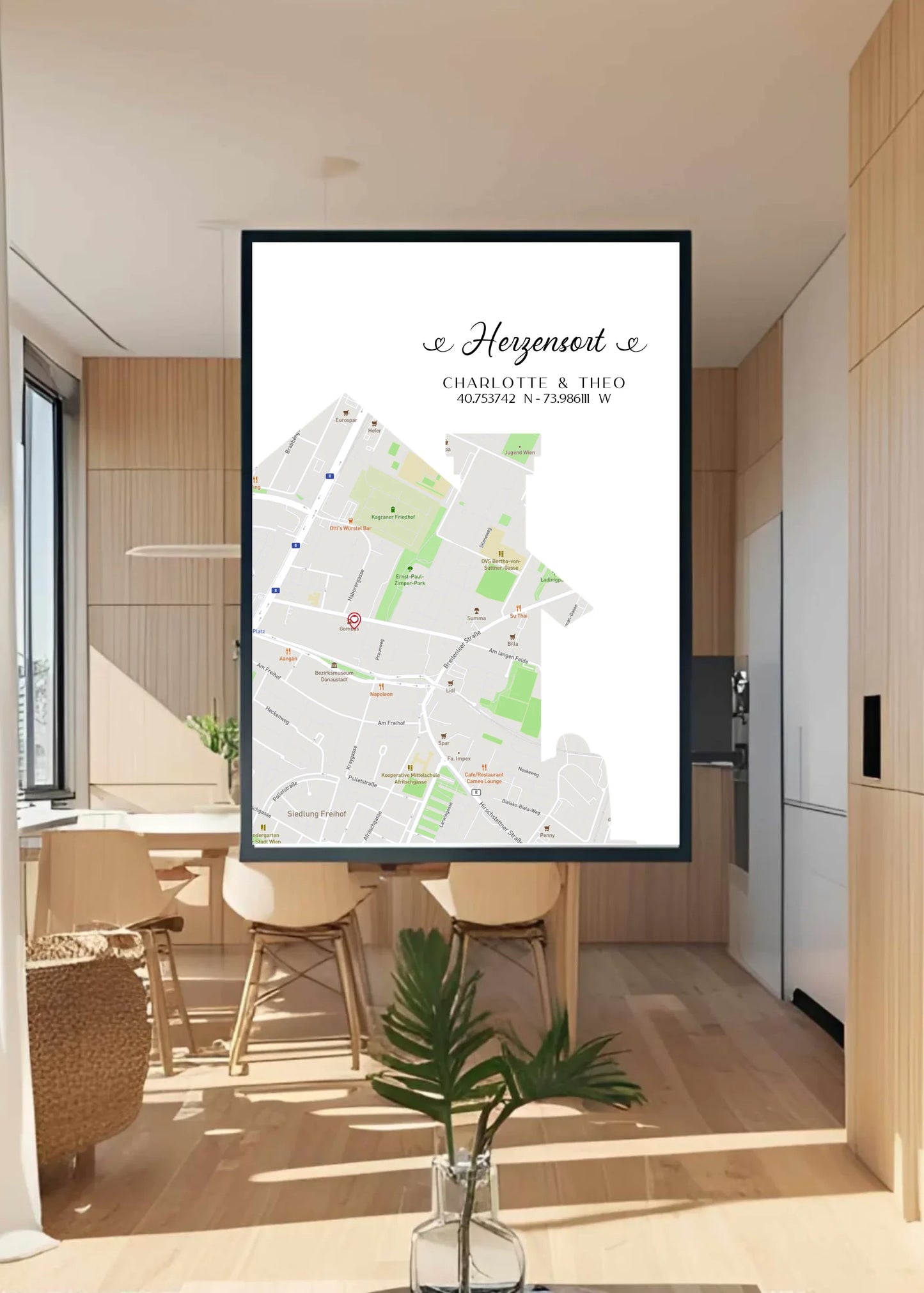 Personalisierte Straßenkarte mit Haus - Herzensort - mit Spruch, Namen und Koordinaten -