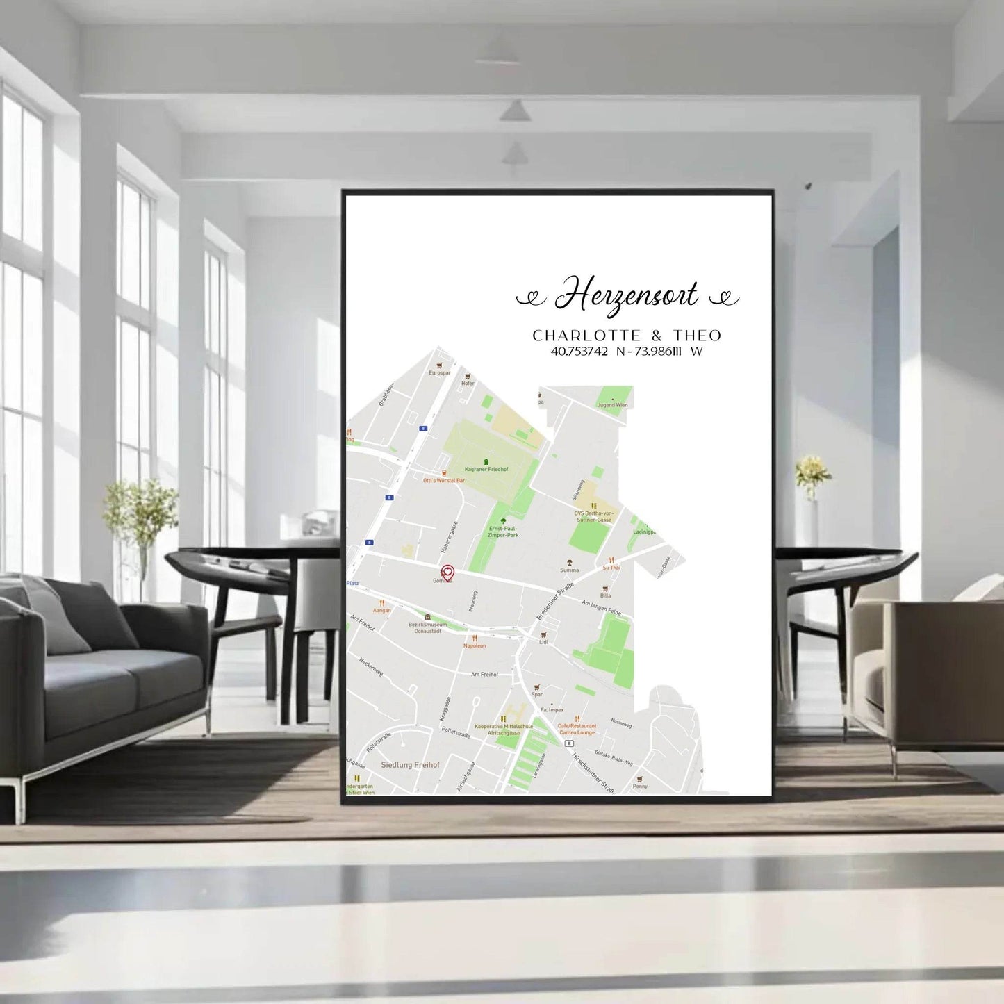 happy-prints.eu - Personalisierte Straßenkarte mit Haus - Herzensort - mit Spruch, Namen und Koordinaten