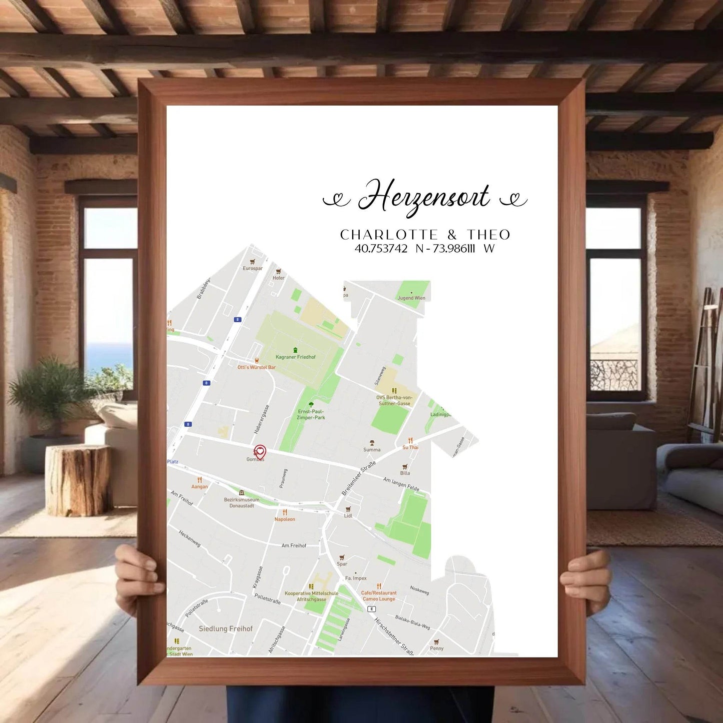 happy-prints.eu - Personalisierte Straßenkarte mit Haus - Herzensort - mit Spruch, Namen und Koordinaten