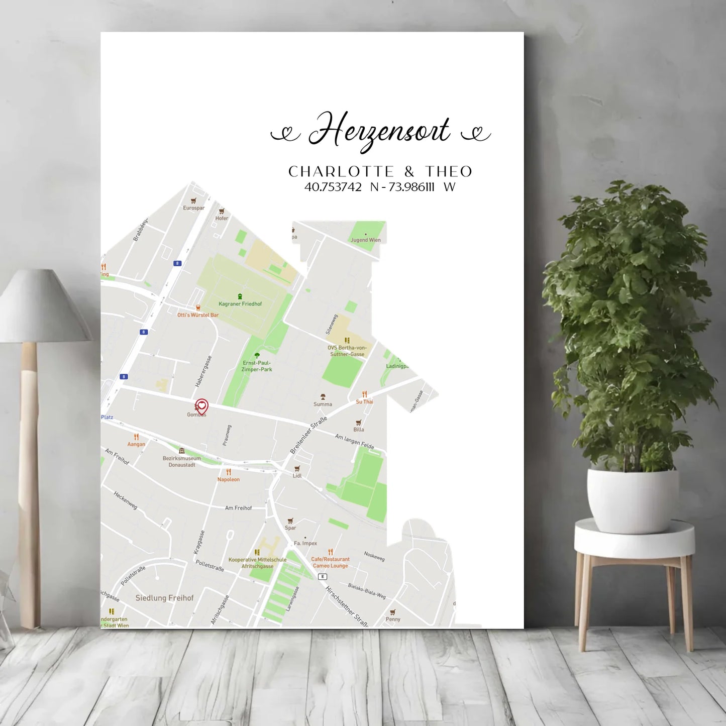 Personalisierte Straßenkarte mit Haus - Herzensort - mit Spruch, Namen und Koordinaten -