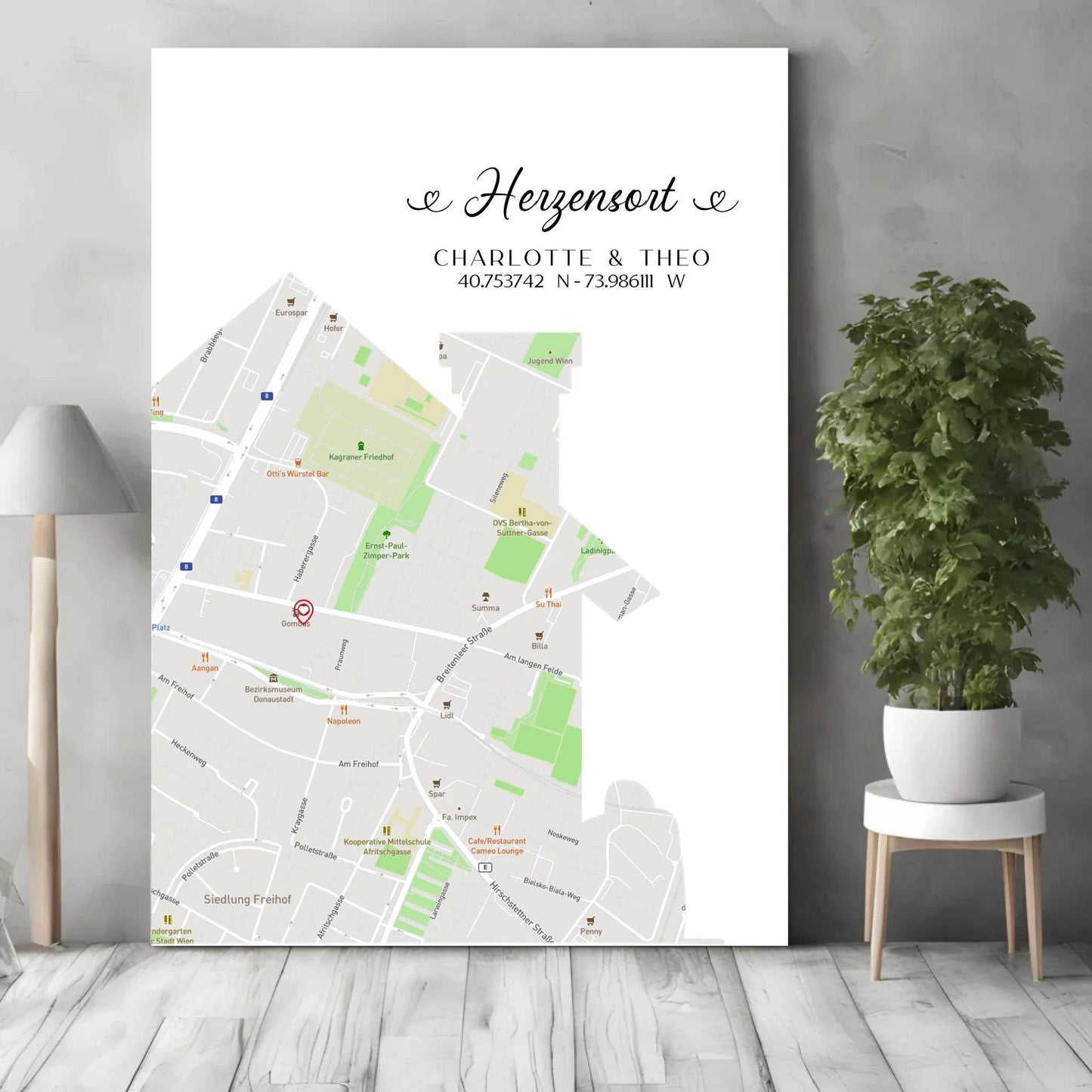 happy-prints.eu - Personalisierte Straßenkarte mit Haus - Herzensort - mit Spruch, Namen und Koordinaten