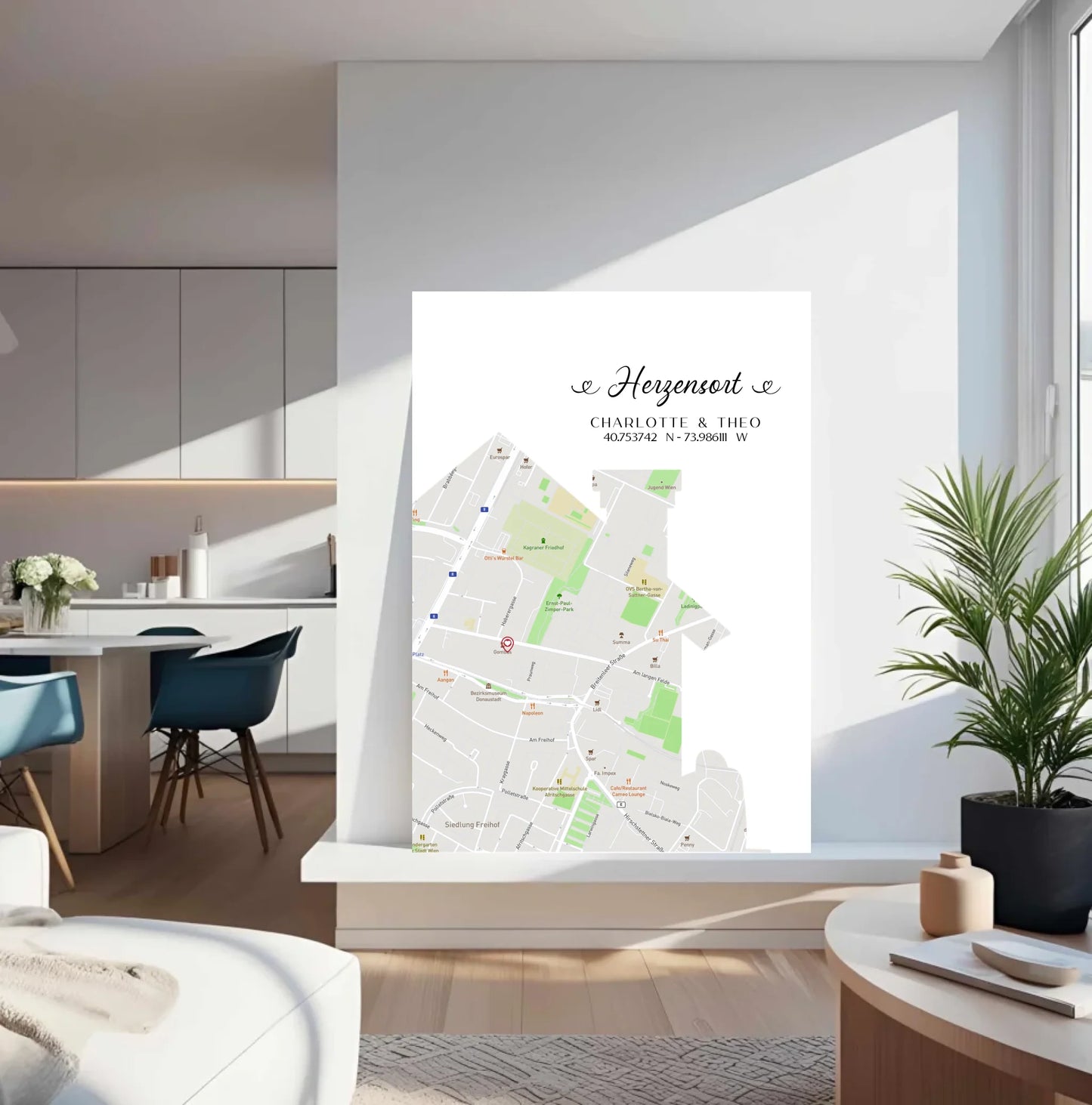 Personalisierte Straßenkarte mit Haus - Herzensort - mit Spruch, Namen und Koordinaten -