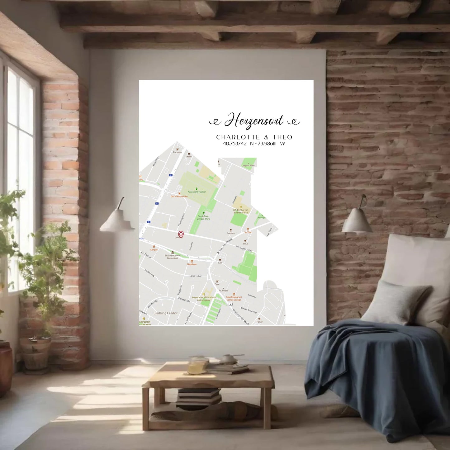 Personalisierte Straßenkarte mit Haus - Herzensort - mit Spruch, Namen und Koordinaten -
