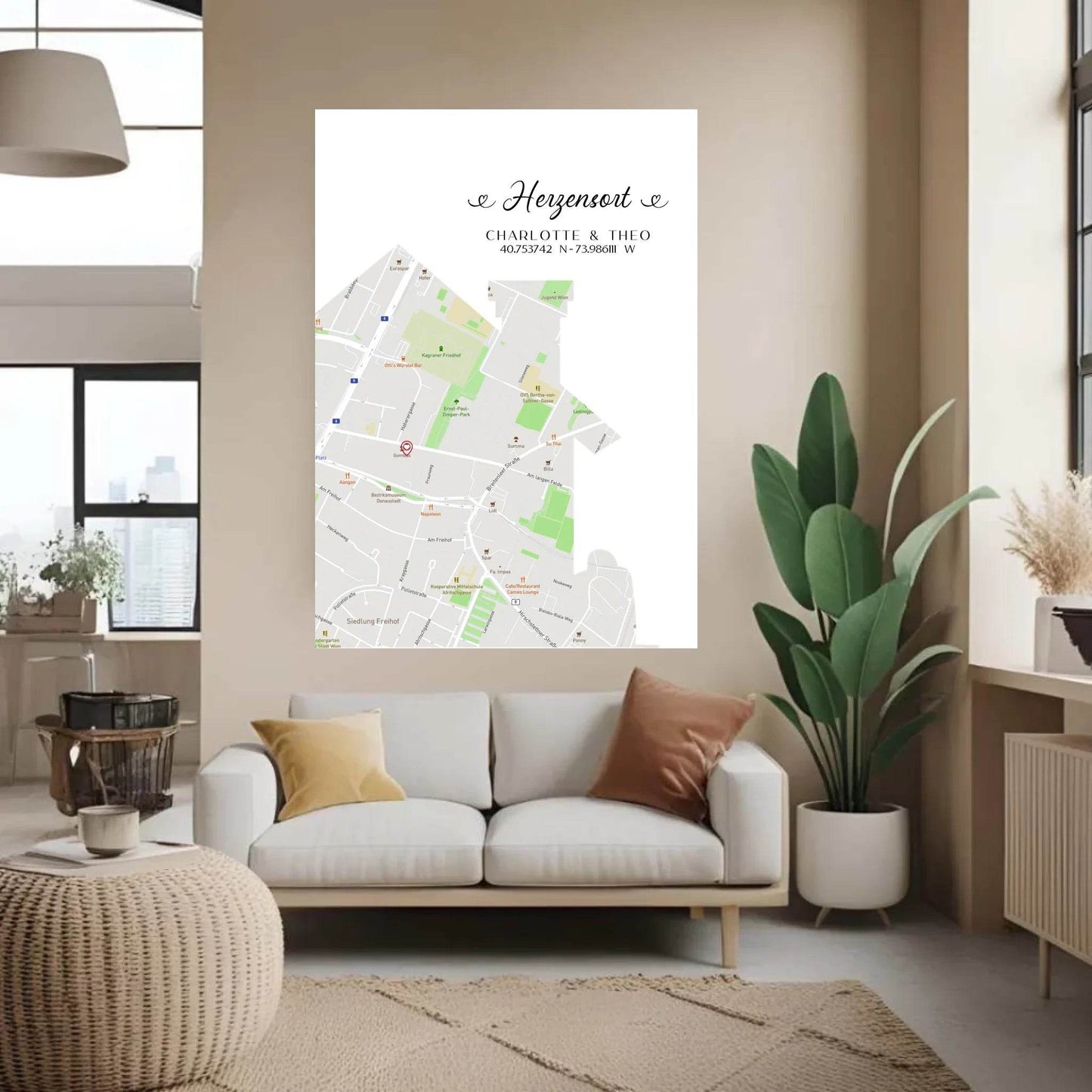 happy-prints.eu - Personalisierte Straßenkarte mit Haus - Herzensort - mit Spruch, Namen und Koordinaten