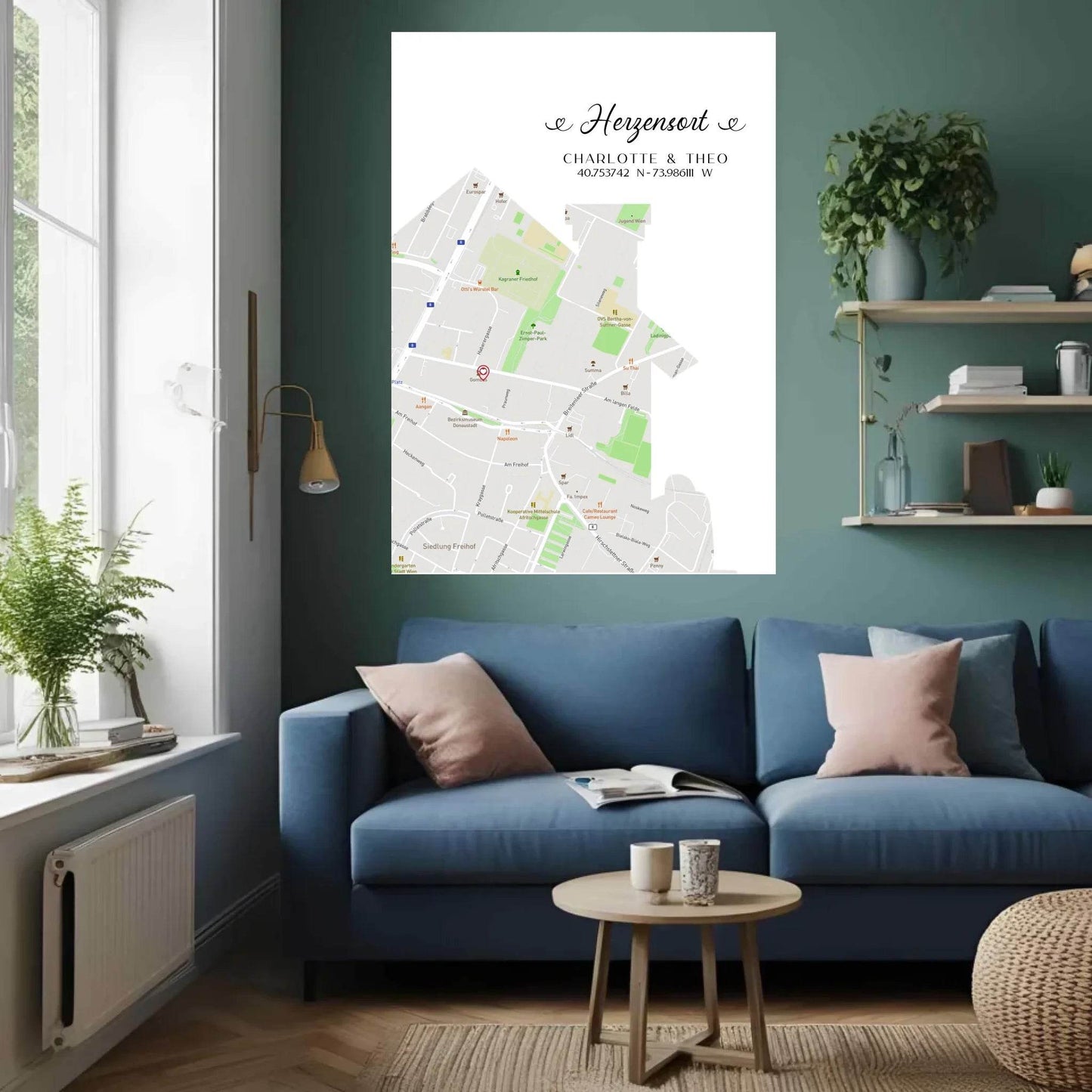 happy-prints.eu - Personalisierte Straßenkarte mit Haus - Herzensort - mit Spruch, Namen und Koordinaten