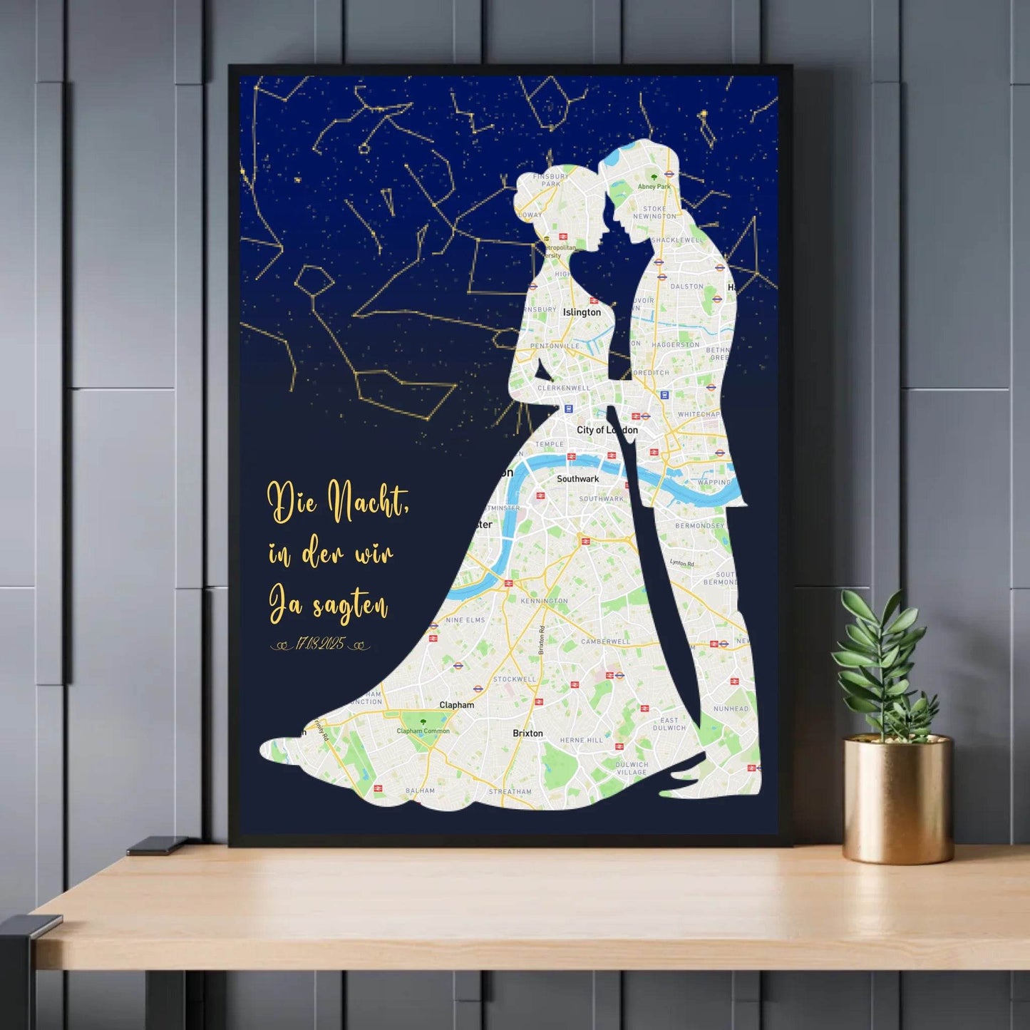 happy-prints.eu - Personalisierte Straßenkarte mit kombinierter Sternenkarte mit Brautpaar, Spruch und Datum