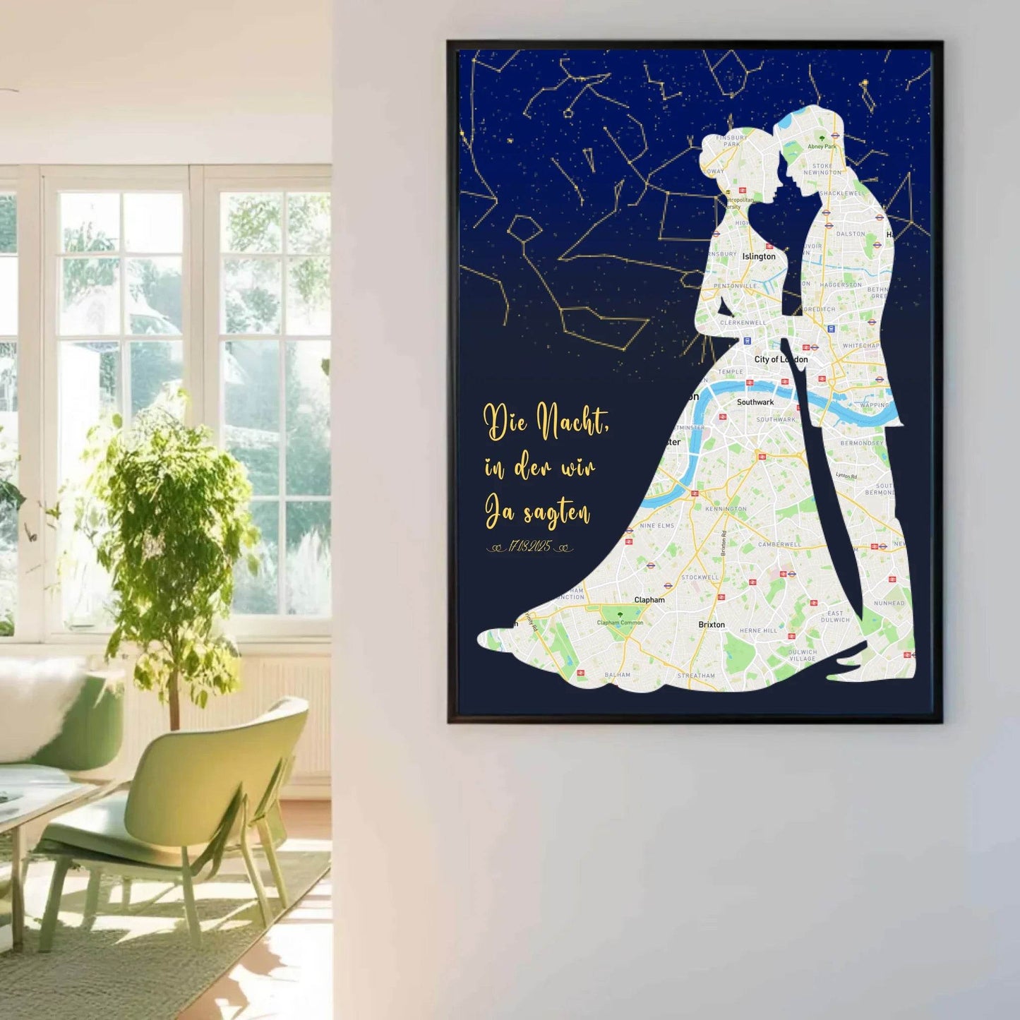 happy-prints.eu - Personalisierte Straßenkarte mit kombinierter Sternenkarte mit Brautpaar, Spruch und Datum