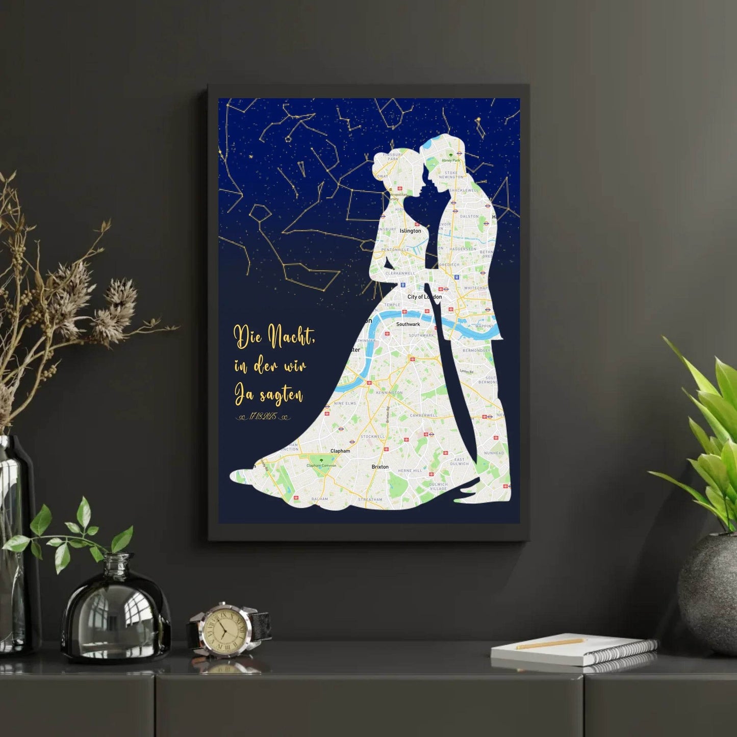 happy-prints.eu - Personalisierte Straßenkarte mit kombinierter Sternenkarte mit Brautpaar, Spruch und Datum
