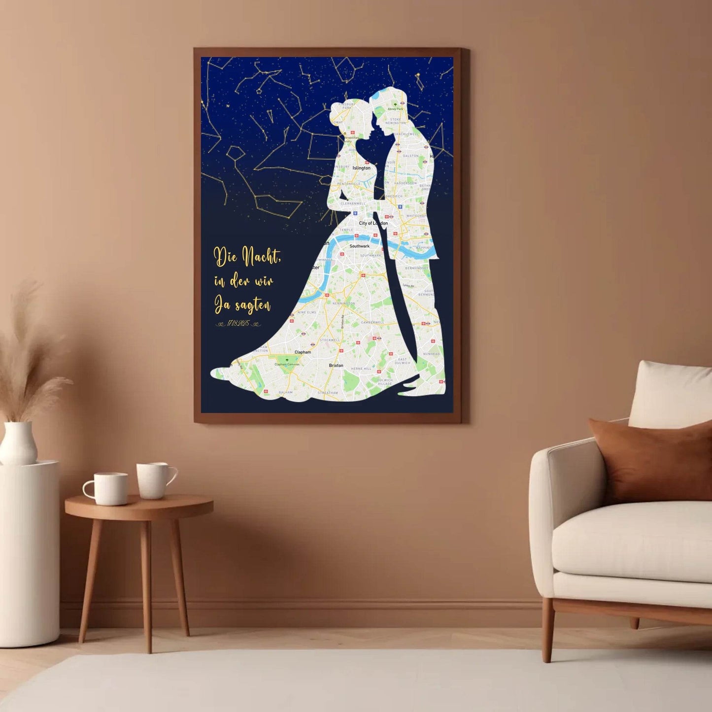 happy-prints.eu - Personalisierte Straßenkarte mit kombinierter Sternenkarte mit Brautpaar, Spruch und Datum