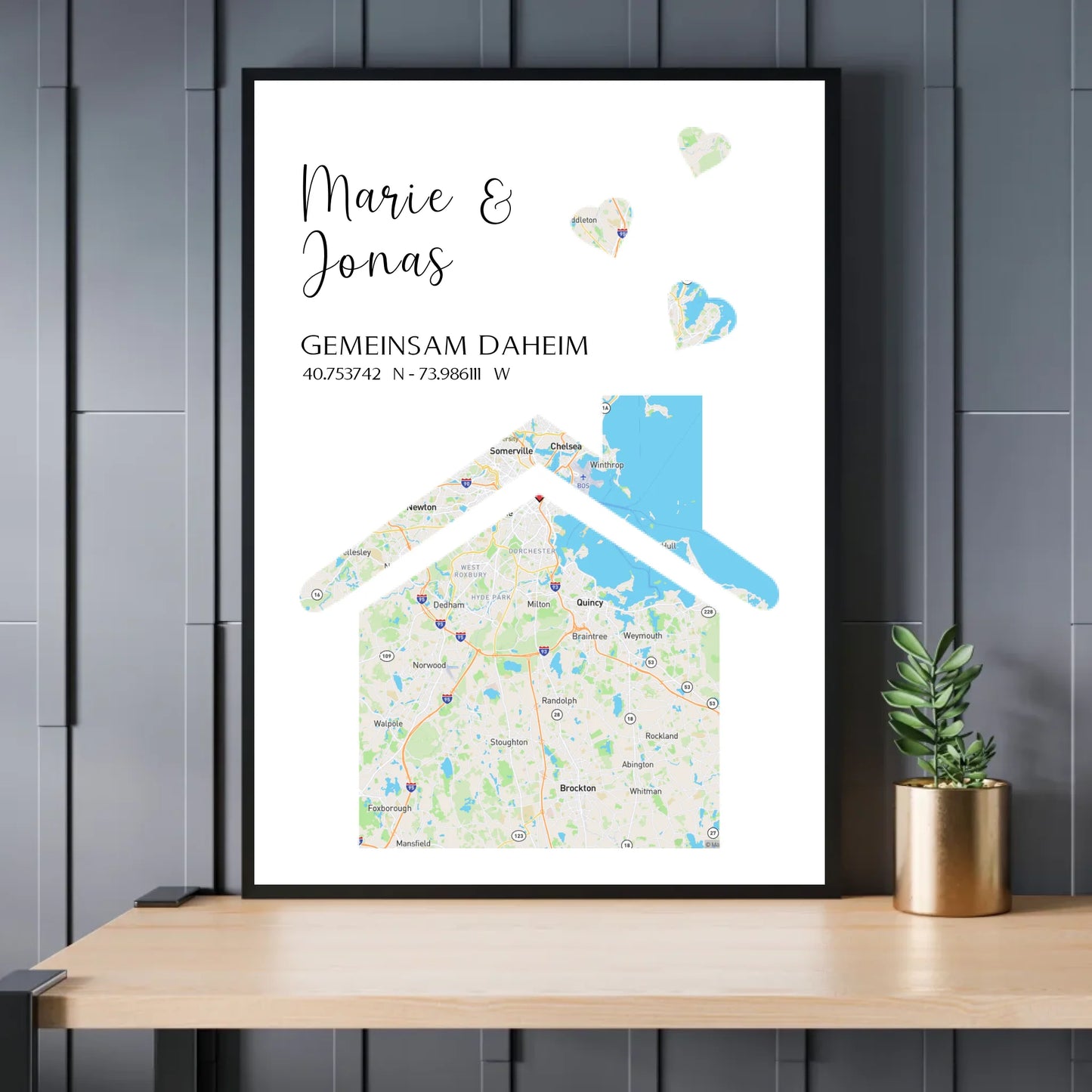 Personalisierte Straßenkarte mit Haus und Herzen - Exklusives Holzrahmen-Poster mit Halbglanzpapier, bruchsicheres Plexiglas und FSC-zertifiziertes Papier