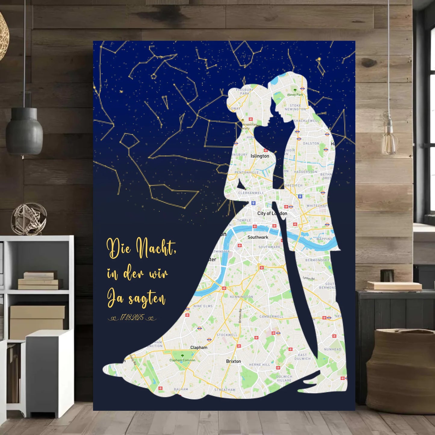 Personalisierte Straßenkarte mit kombinierter Sternenkarte mit Brautpaar, Spruch und Datum - Motiv Druck mit Premium Semi-Glossy Poster - halbglänzend auf nachhaltigem Papier halbglänzend