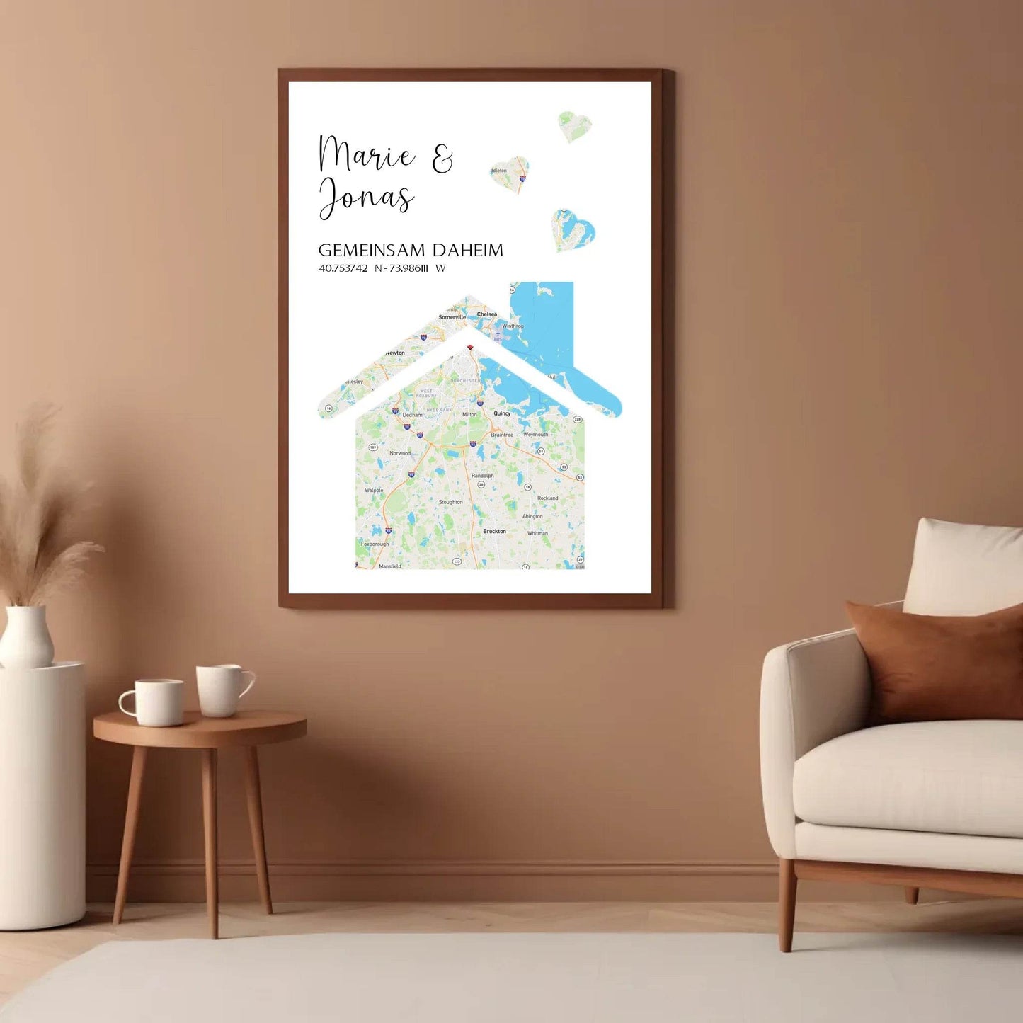 happy-prints.eu - Personalisierte Straßenkarte mit Haus und Herzen