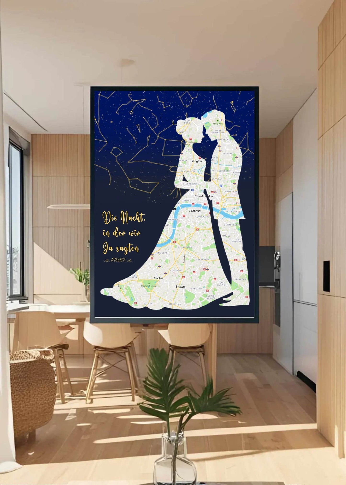 happy-prints.eu - Personalisierte Straßenkarte mit kombinierter Sternenkarte mit Brautpaar, Spruch und Datum