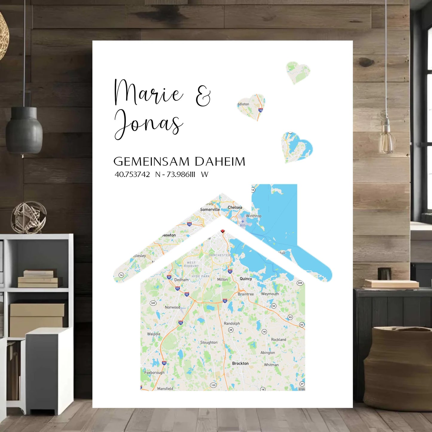 Personalisierte Straßenkarte mit Haus und Herzen - Motiv Druck mit Premium Semi-Glossy Poster - halbglänzend auf nachhaltigem Papier halbglänzend