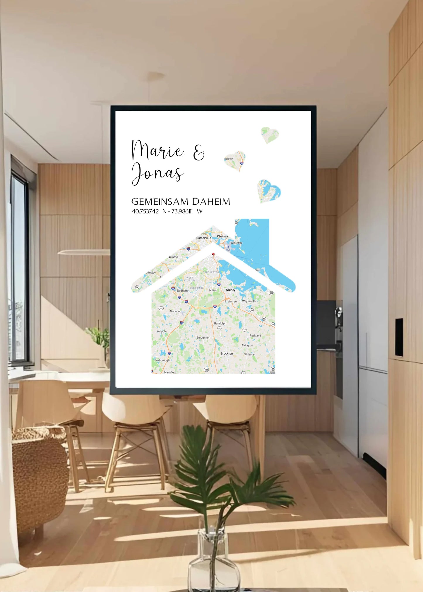 Personalisierte Straßenkarte mit Haus und Herzen -