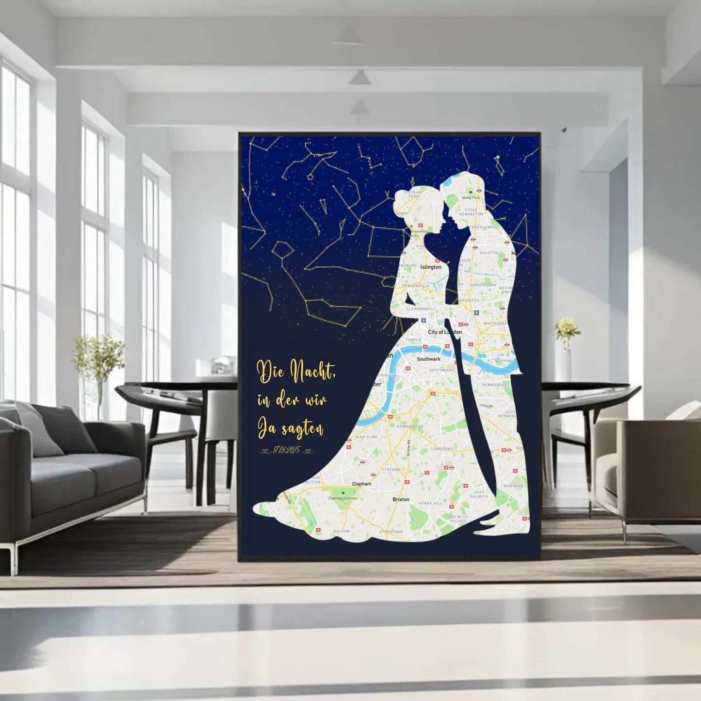happy-prints.eu - Personalisierte Straßenkarte mit kombinierter Sternenkarte mit Brautpaar, Spruch und Datum