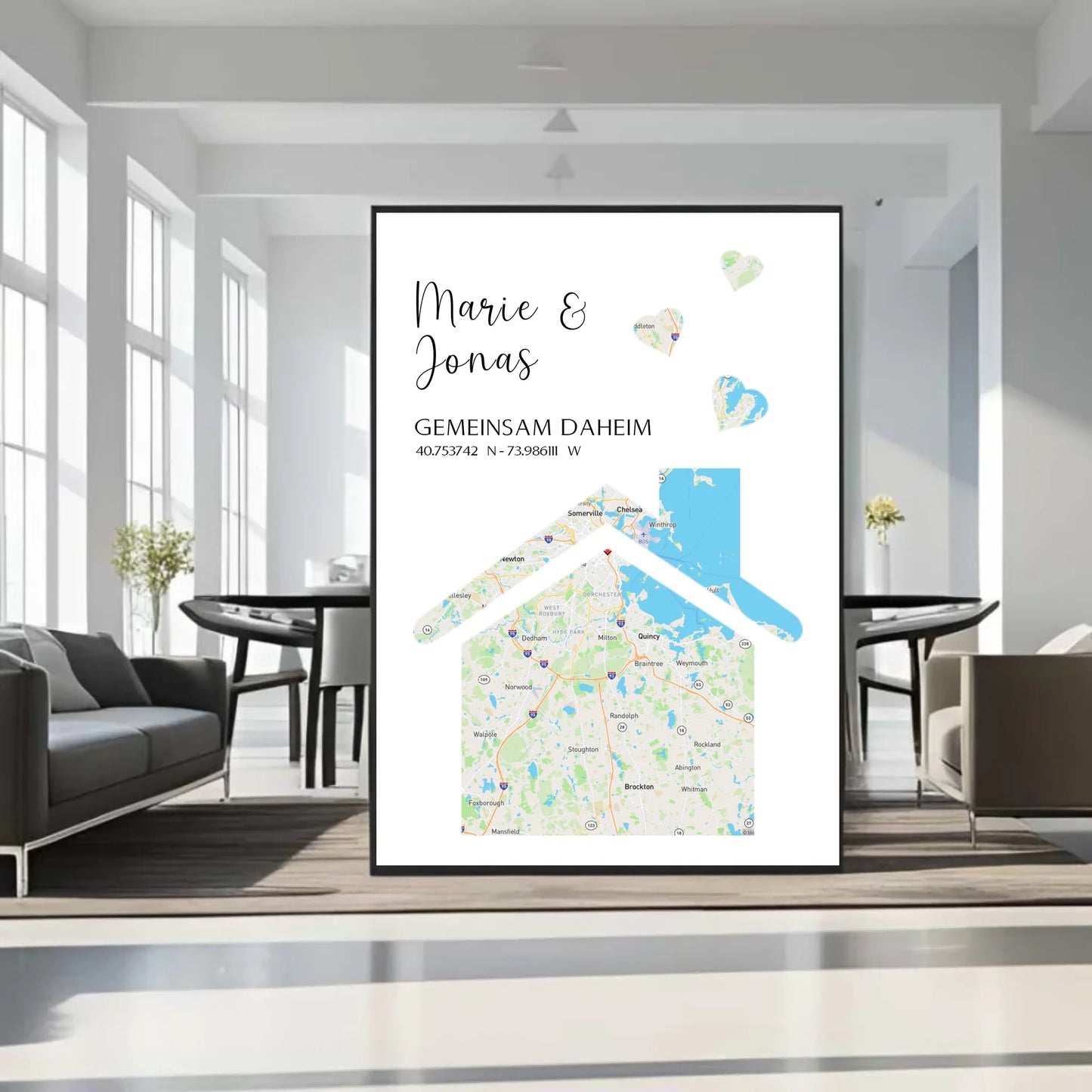 Personalisierte Straßenkarte mit Haus und Herzen -