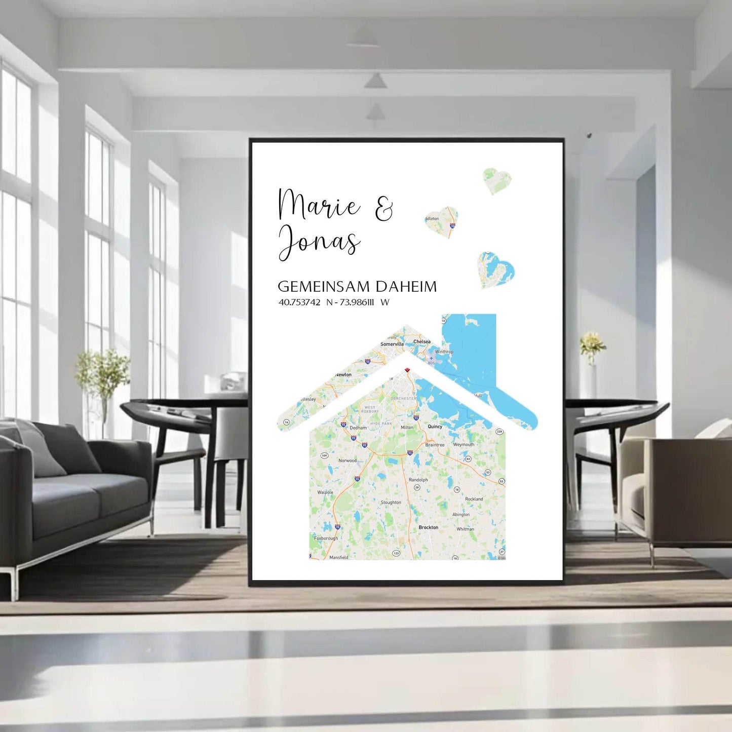 happy-prints.eu - Personalisierte Straßenkarte mit Haus und Herzen