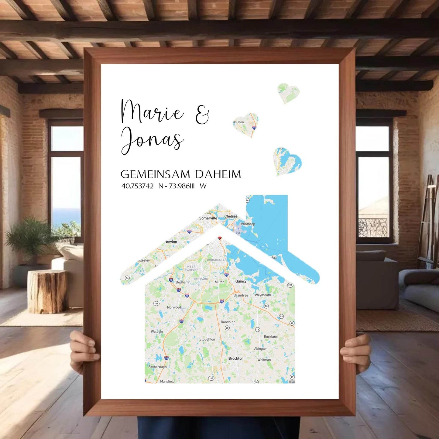 happy-prints.eu - Personalisierte Straßenkarte mit Haus und Herzen