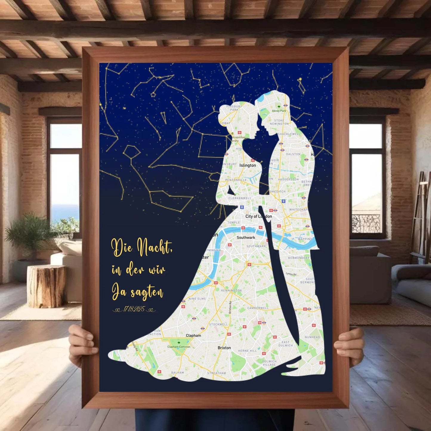 happy-prints.eu - Personalisierte Straßenkarte mit kombinierter Sternenkarte mit Brautpaar, Spruch und Datum