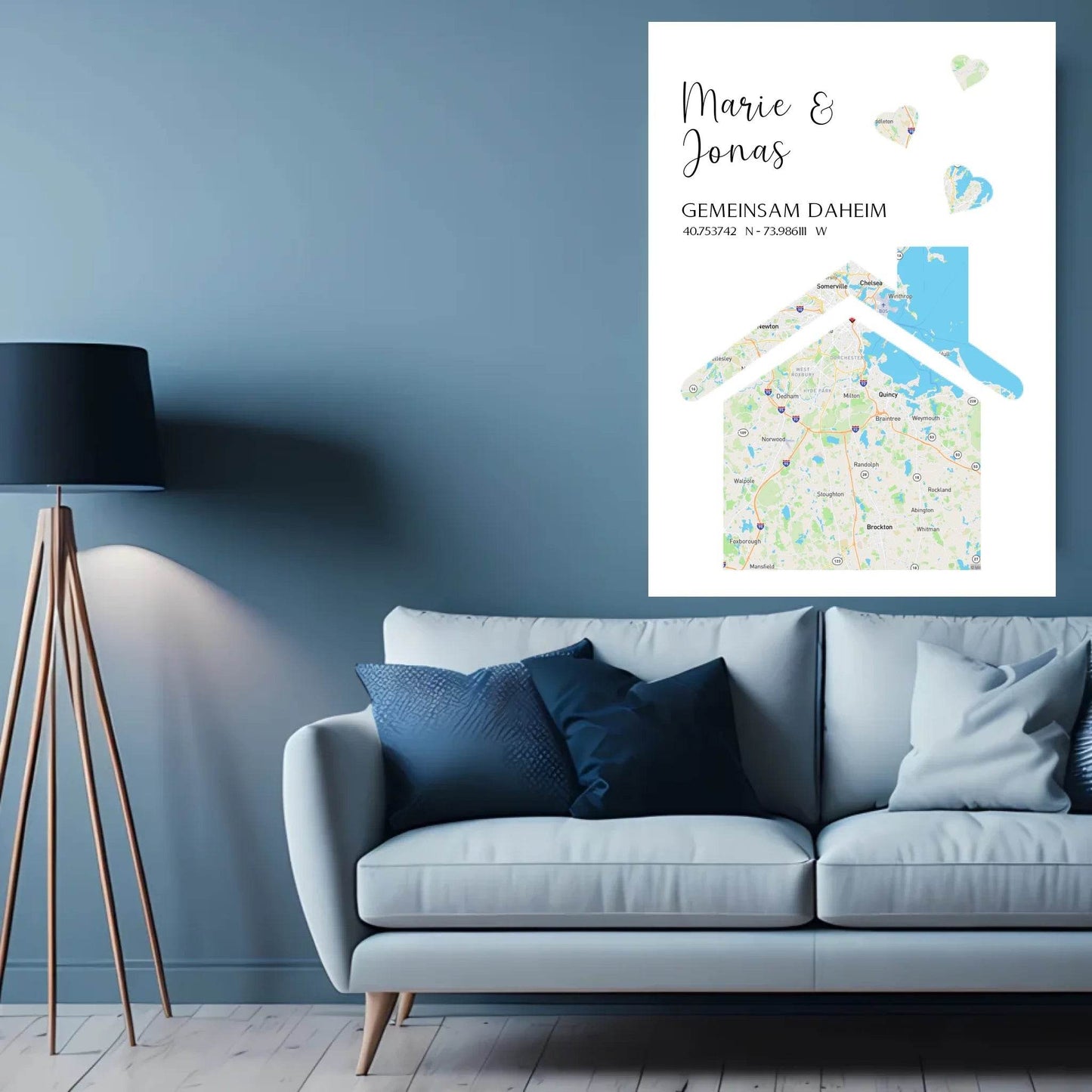 happy-prints.eu - Personalisierte Straßenkarte mit Haus und Herzen