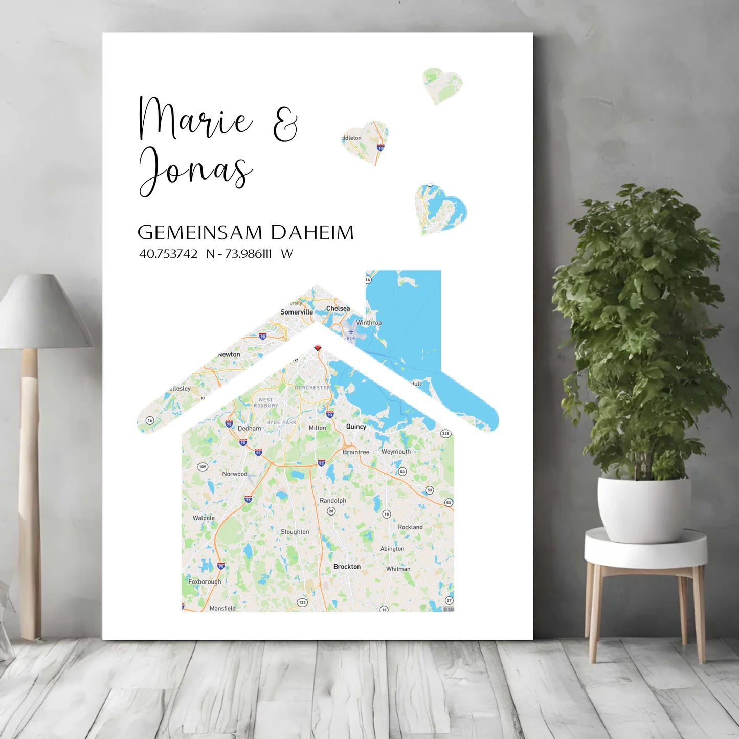 Personalisierte Straßenkarte mit Haus und Herzen -