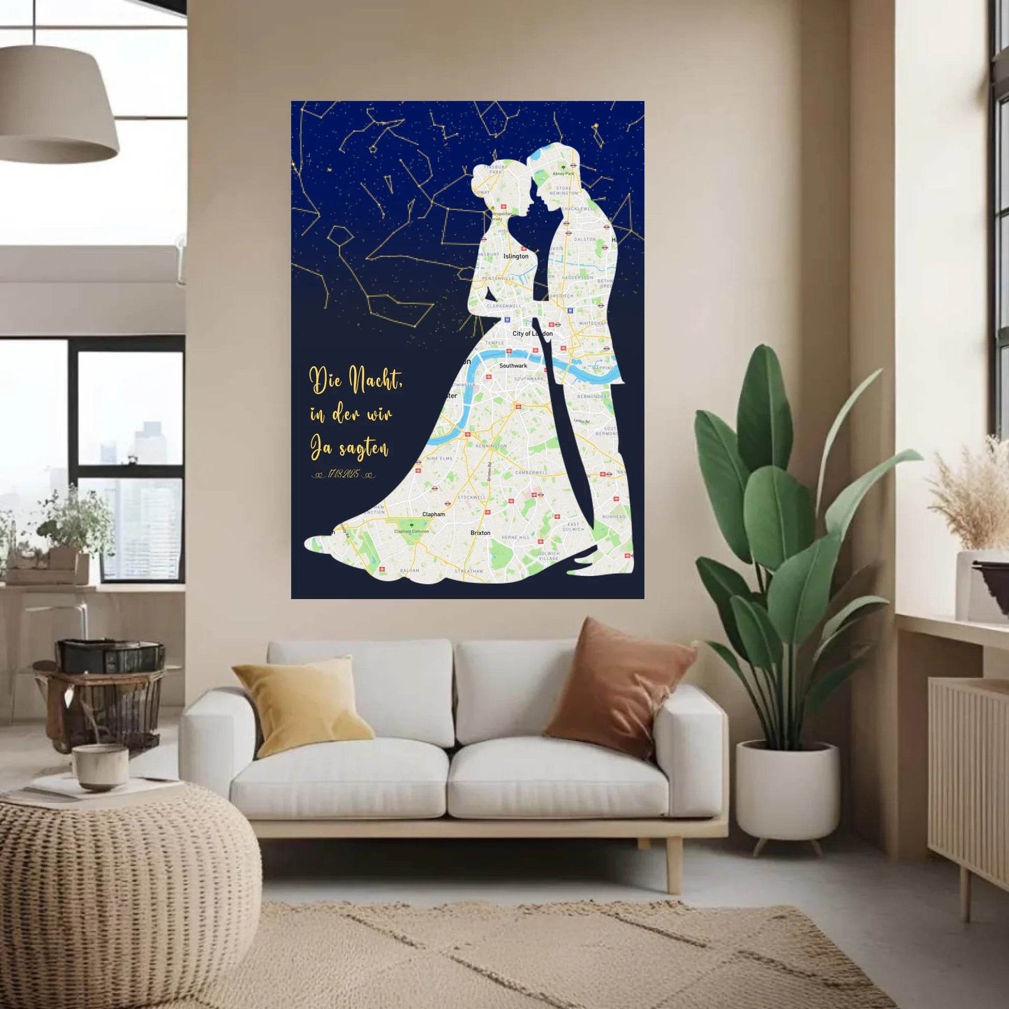 happy-prints.eu - Personalisierte Straßenkarte mit kombinierter Sternenkarte mit Brautpaar, Spruch und Datum