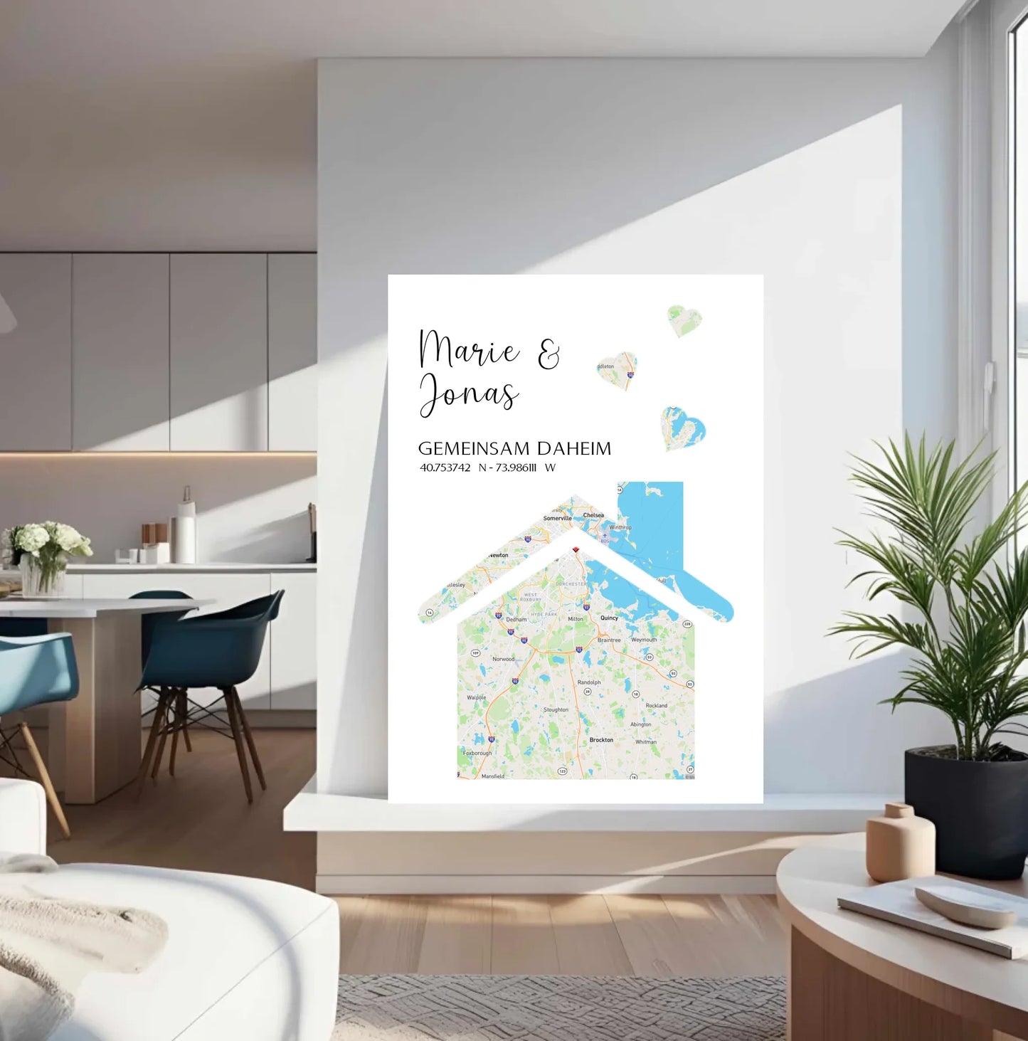 Personalisierte Straßenkarte mit Haus und Herzen -