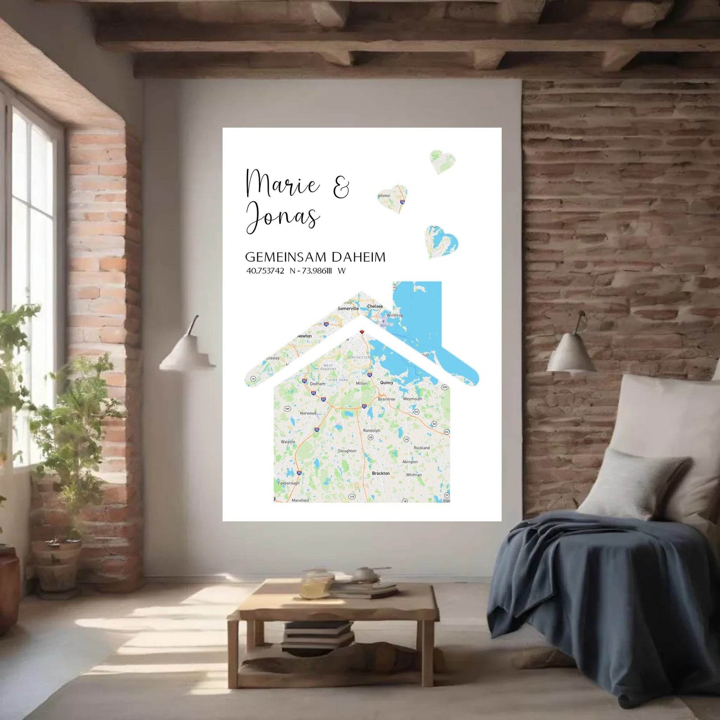 happy-prints.eu - Personalisierte Straßenkarte mit Haus und Herzen