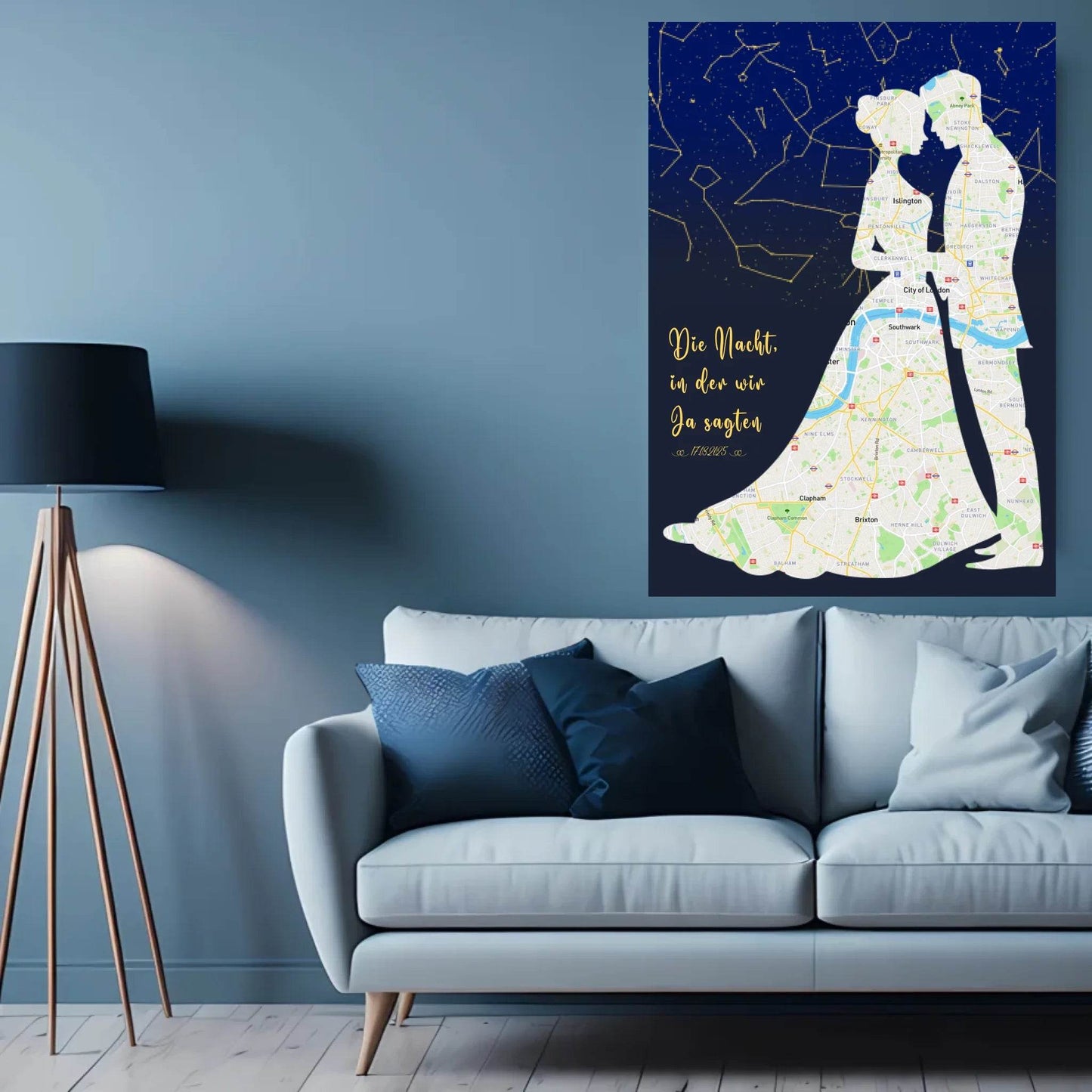 happy-prints.eu - Personalisierte Straßenkarte mit kombinierter Sternenkarte mit Brautpaar, Spruch und Datum