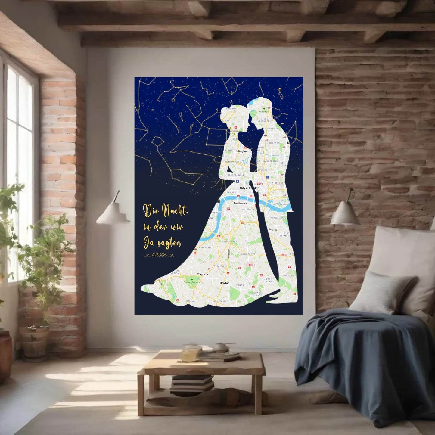 happy-prints.eu - Personalisierte Straßenkarte mit kombinierter Sternenkarte mit Brautpaar, Spruch und Datum