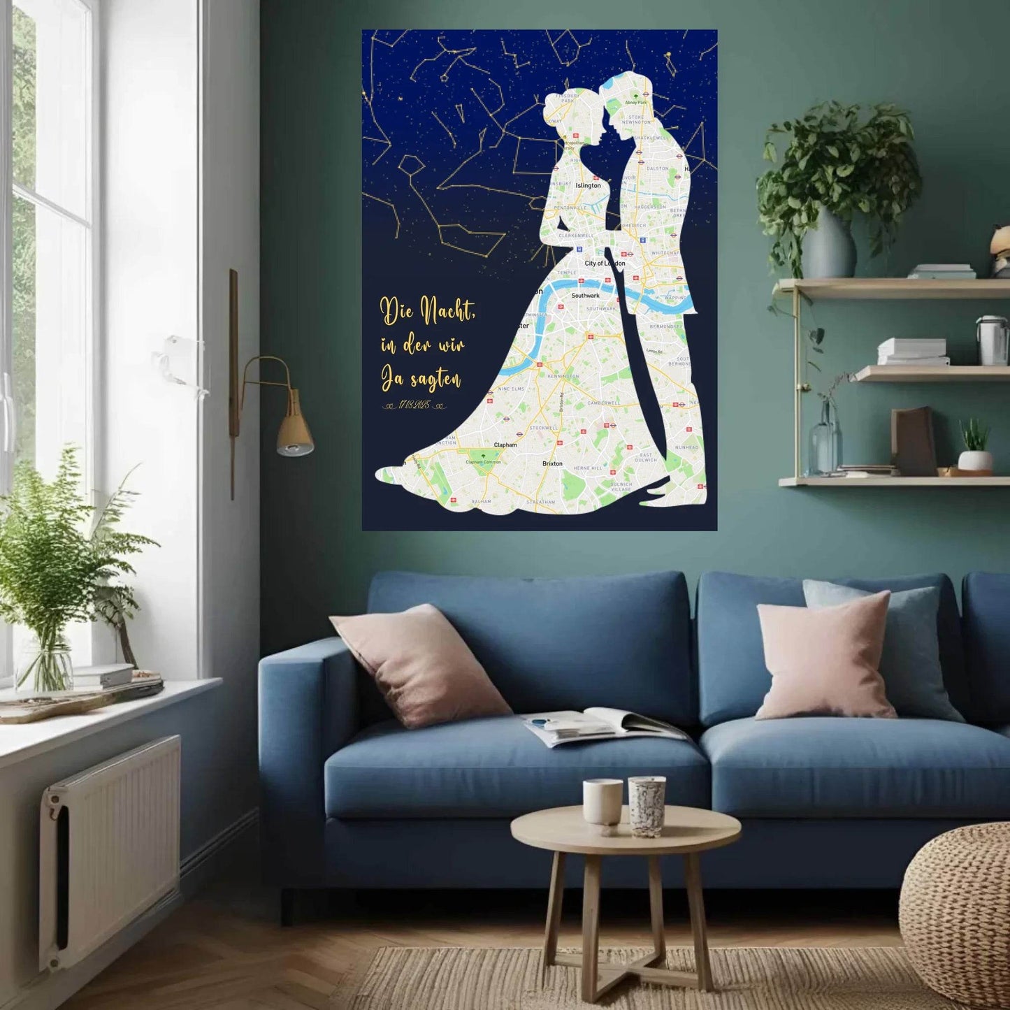 happy-prints.eu - Personalisierte Straßenkarte mit kombinierter Sternenkarte mit Brautpaar, Spruch und Datum