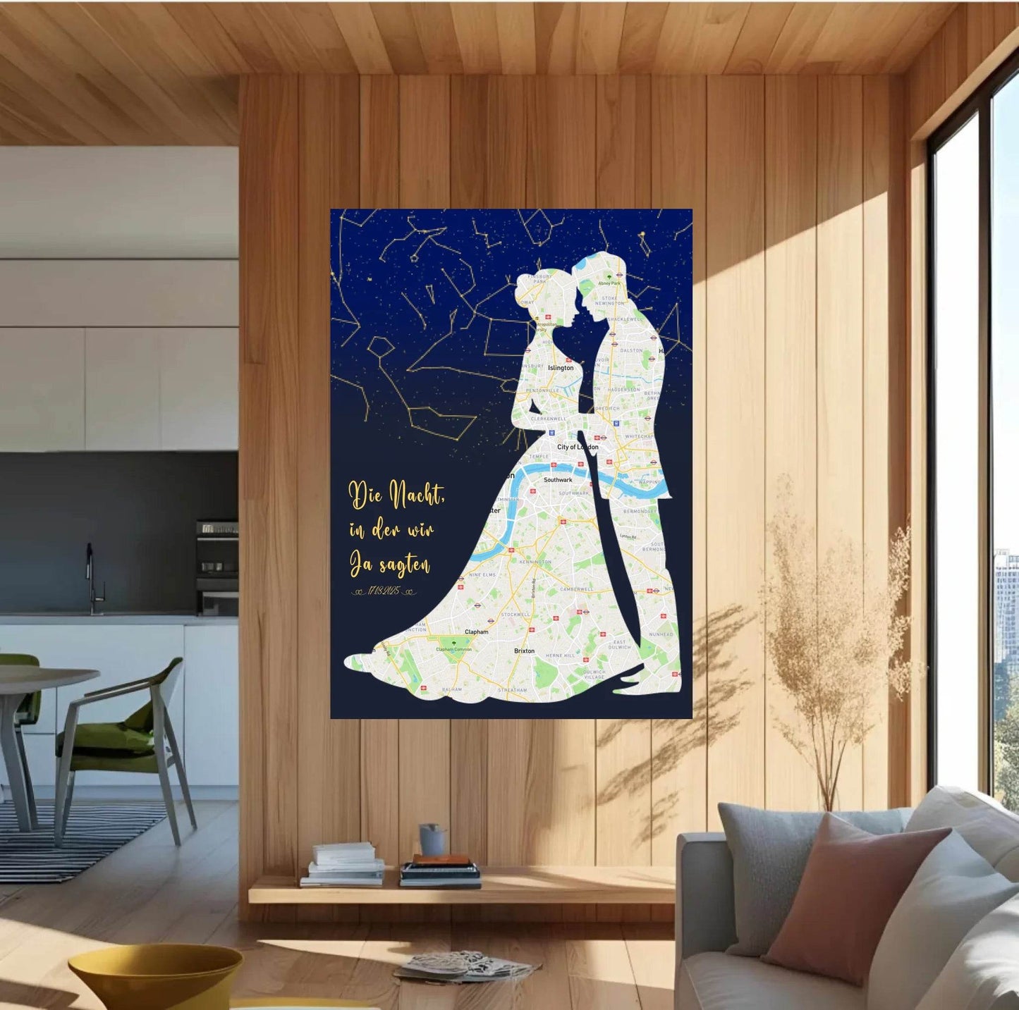 happy-prints.eu - Personalisierte Straßenkarte mit kombinierter Sternenkarte mit Brautpaar, Spruch und Datum