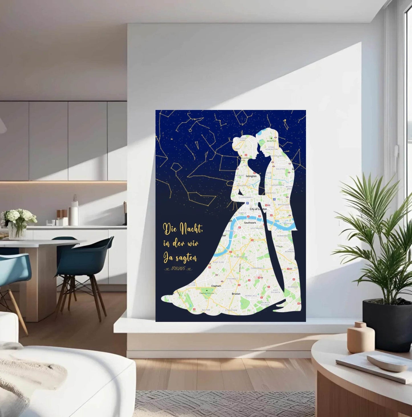 happy-prints.eu - Personalisierte Straßenkarte mit kombinierter Sternenkarte mit Brautpaar, Spruch und Datum