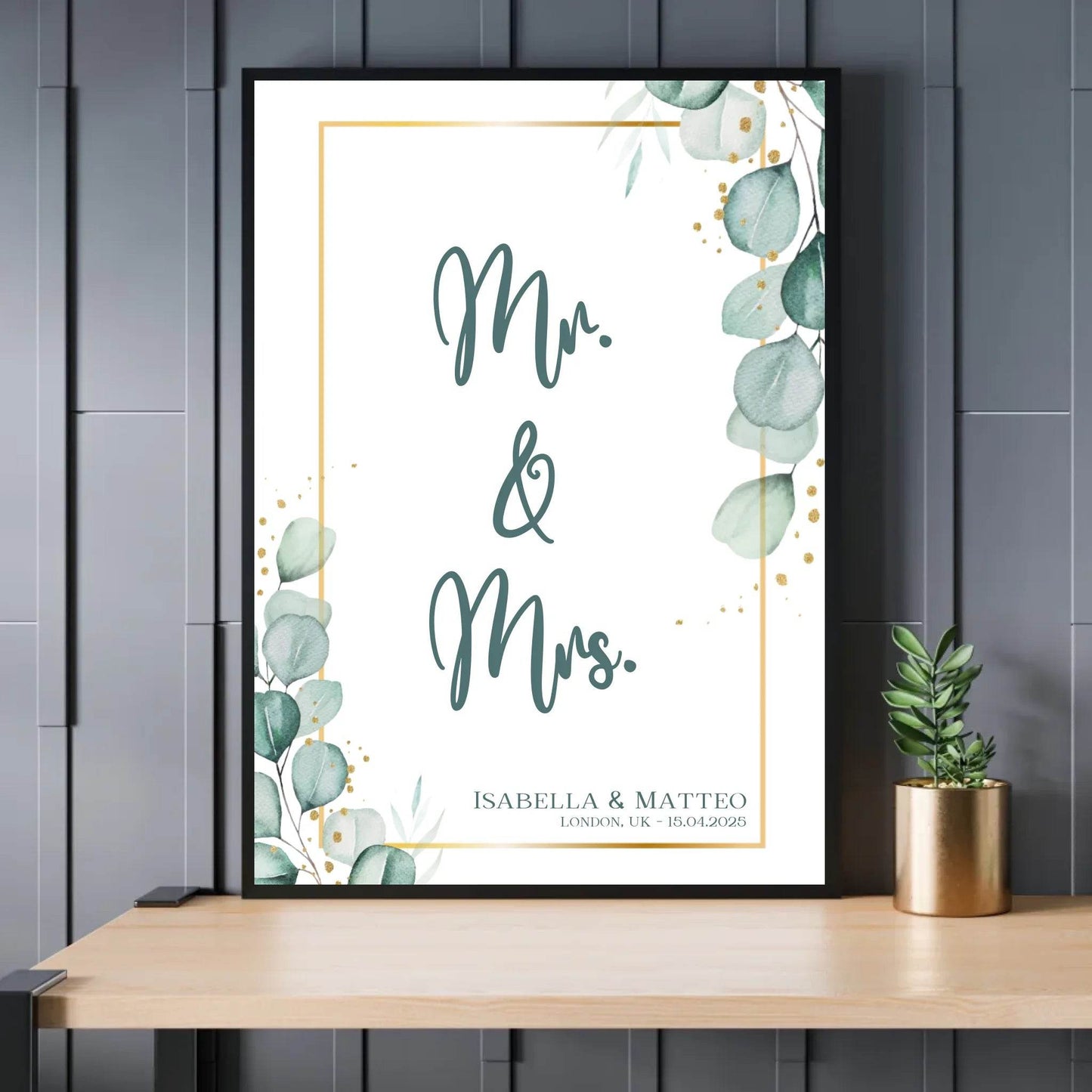happy-prints.eu - Personalisiertes Poster für Brautpaar - minimalistisches Design mit Eukalyptus Blätter in mint petrol und gold
