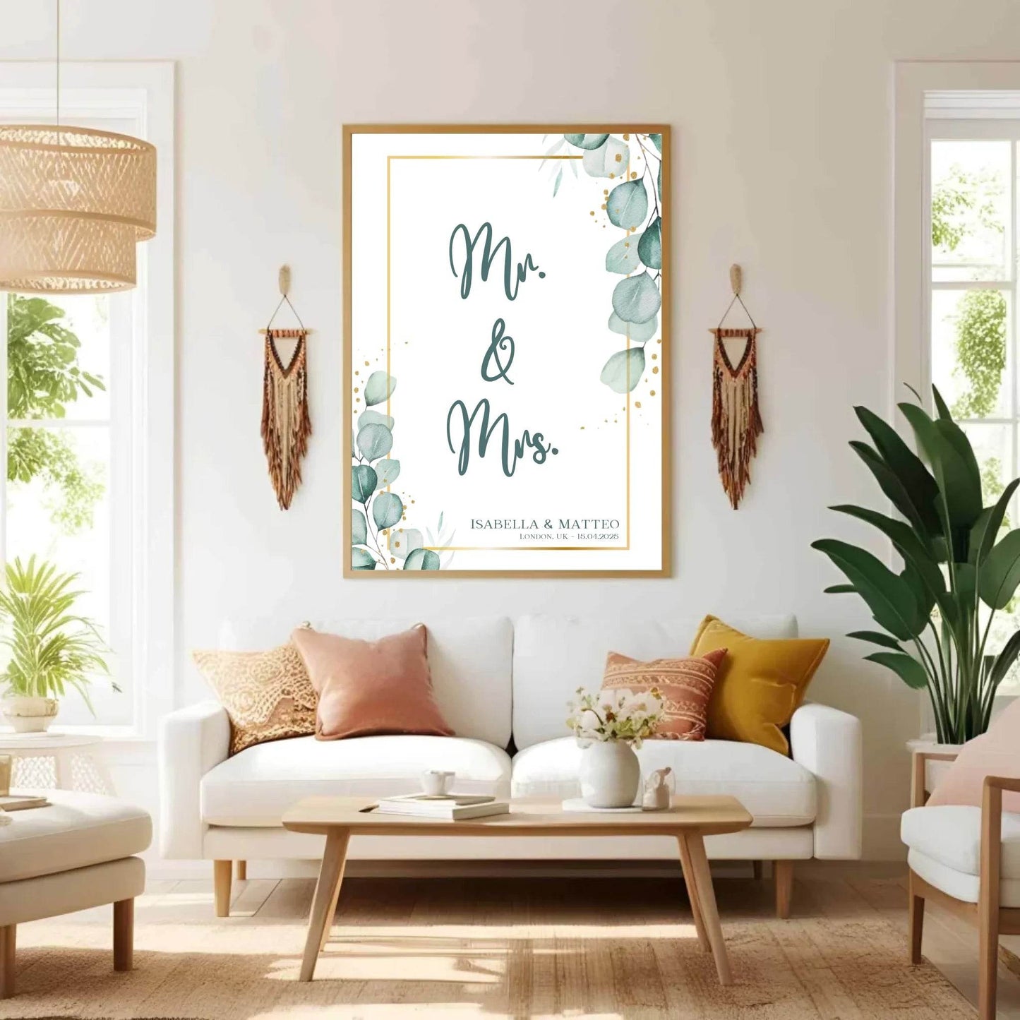 happy-prints.eu - Personalisiertes Poster für Brautpaar - minimalistisches Design mit Eukalyptus Blätter in mint petrol und gold