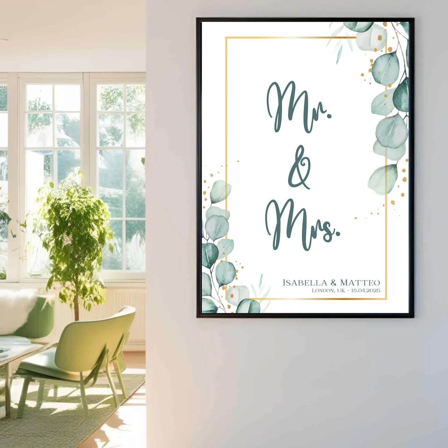 happy-prints.eu - Personalisiertes Poster für Brautpaar - minimalistisches Design mit Eukalyptus Blätter in mint petrol und gold