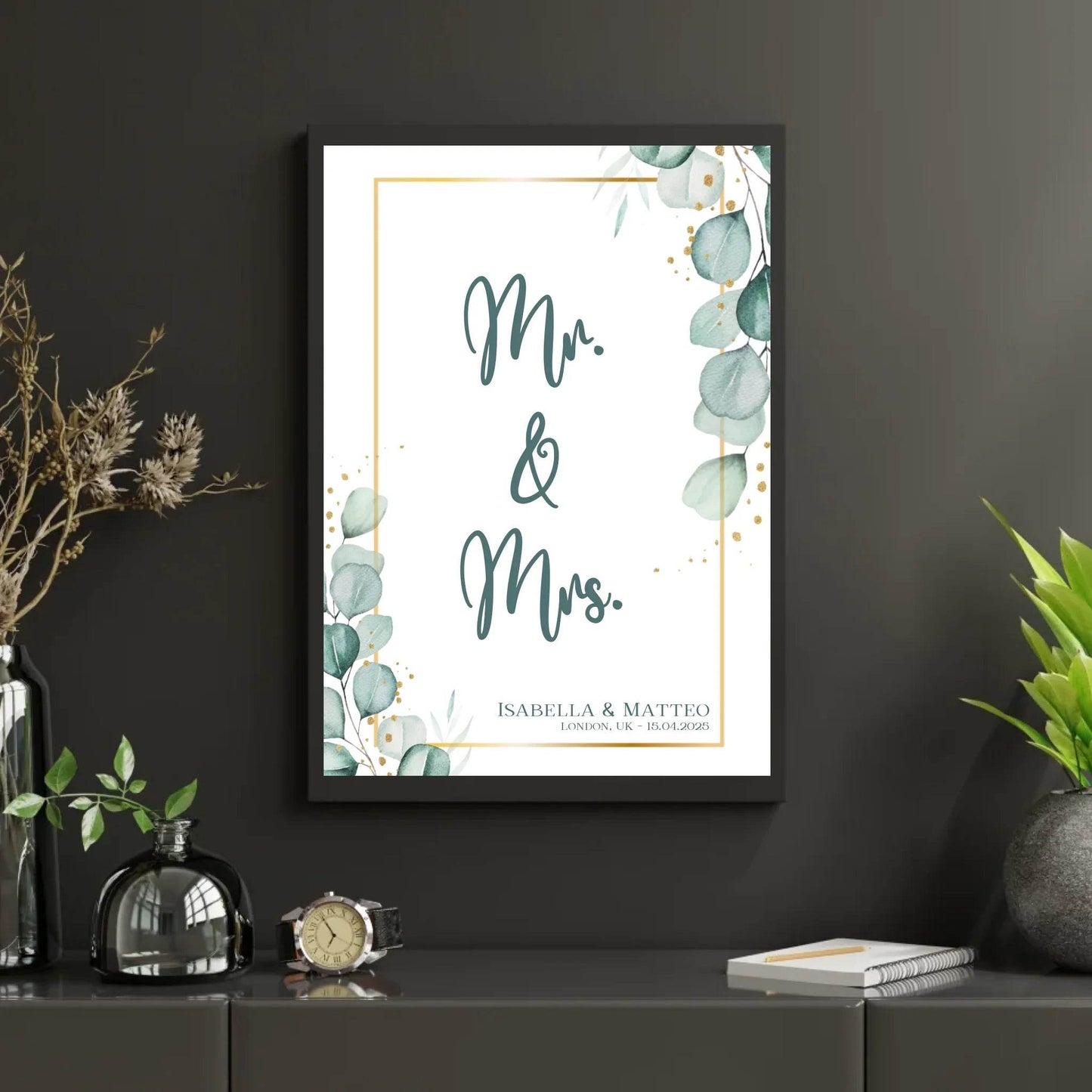 happy-prints.eu - Personalisiertes Poster für Brautpaar - minimalistisches Design mit Eukalyptus Blätter in mint petrol und gold