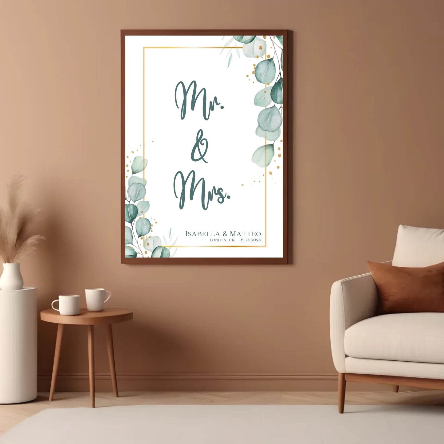 happy-prints.eu - Personalisiertes Poster für Brautpaar - minimalistisches Design mit Eukalyptus Blätter in mint petrol und gold