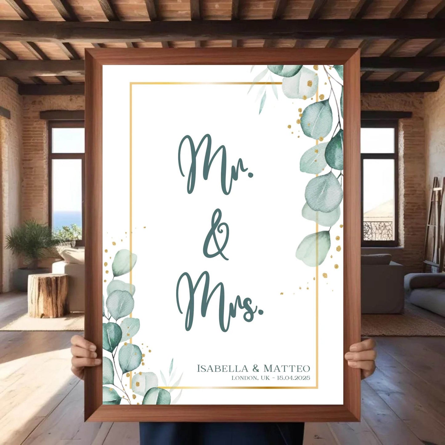 happy-prints.eu - Personalisiertes Poster für Brautpaar - minimalistisches Design mit Eukalyptus Blätter in mint petrol und gold