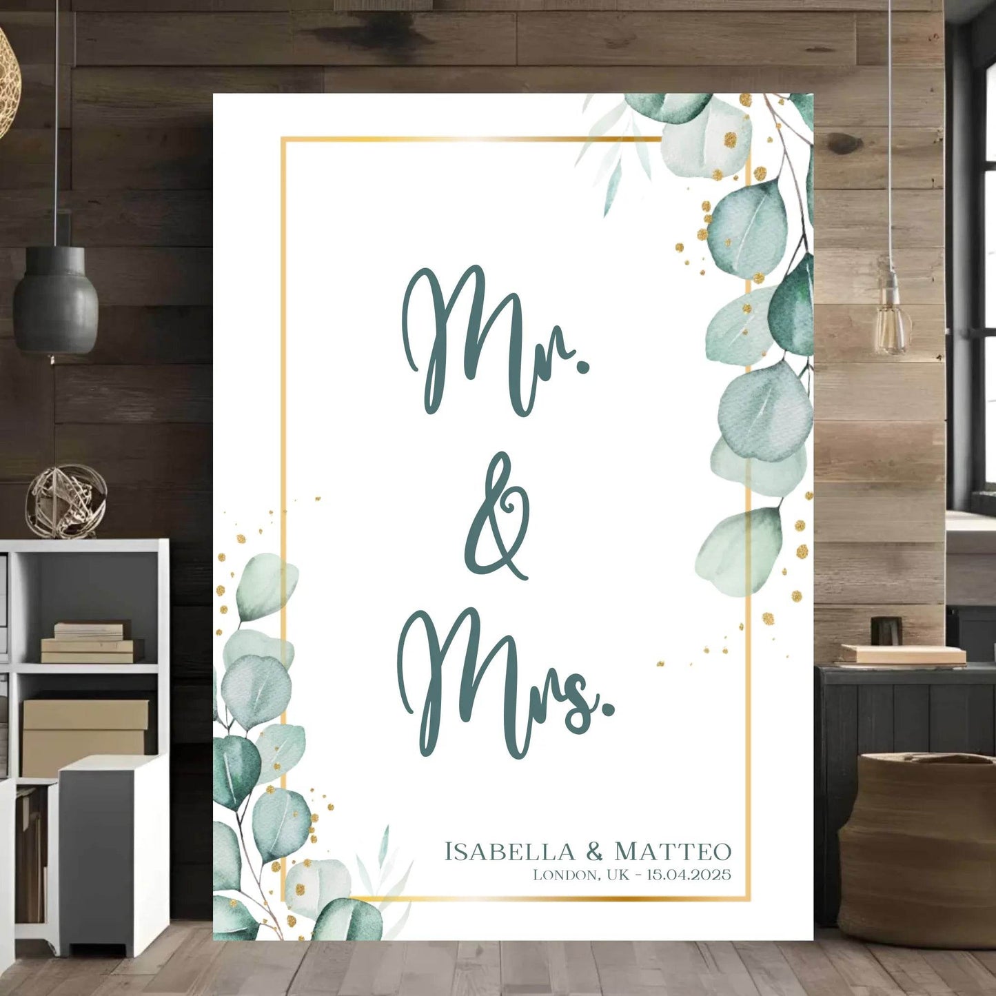 happy-prints.eu - Personalisiertes Poster für Brautpaar - minimalistisches Design mit Eukalyptus Blätter in mint petrol und gold