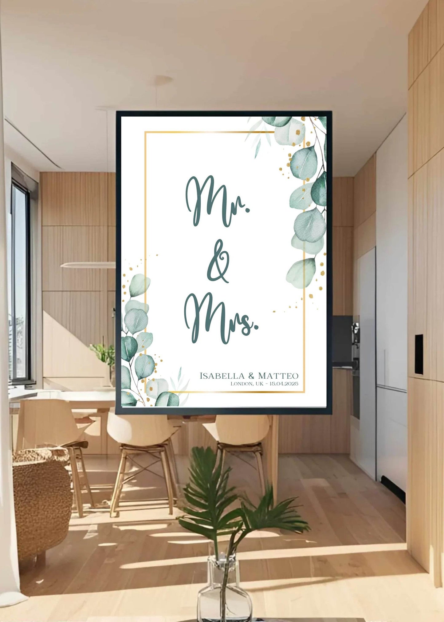 happy-prints.eu - Personalisiertes Poster für Brautpaar - minimalistisches Design mit Eukalyptus Blätter in mint petrol und gold