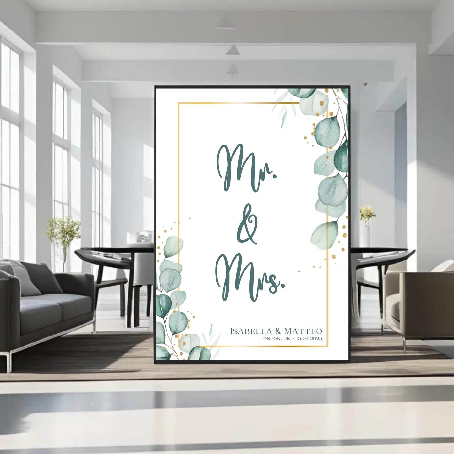 happy-prints.eu - Personalisiertes Poster für Brautpaar - minimalistisches Design mit Eukalyptus Blätter in mint petrol und gold