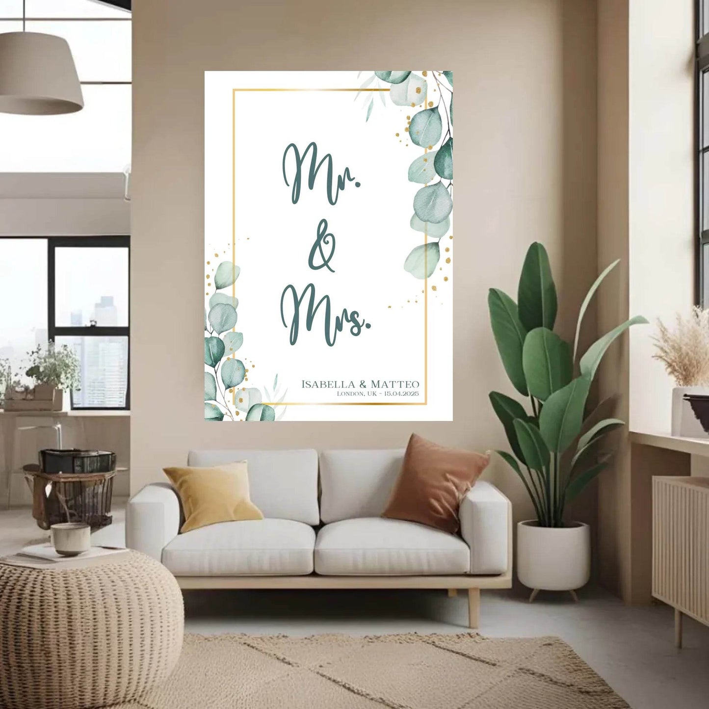 happy-prints.eu - Personalisiertes Poster für Brautpaar - minimalistisches Design mit Eukalyptus Blätter in mint petrol und gold