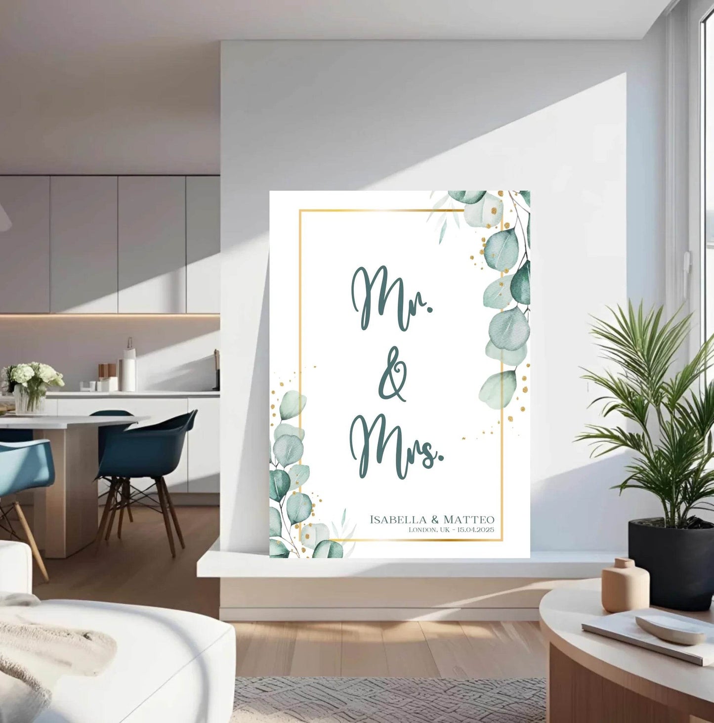 happy-prints.eu - Personalisiertes Poster für Brautpaar - minimalistisches Design mit Eukalyptus Blätter in mint petrol und gold