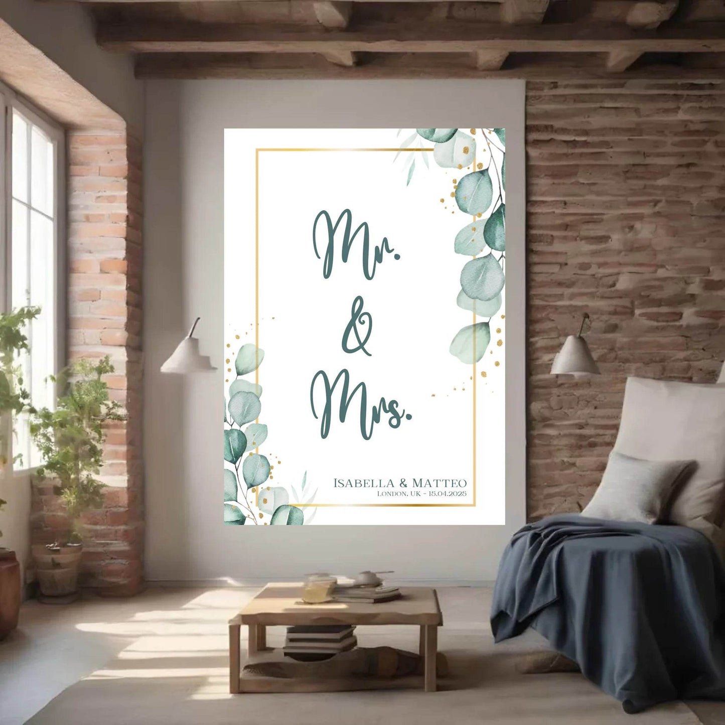 happy-prints.eu - Personalisiertes Poster für Brautpaar - minimalistisches Design mit Eukalyptus Blätter in mint petrol und gold