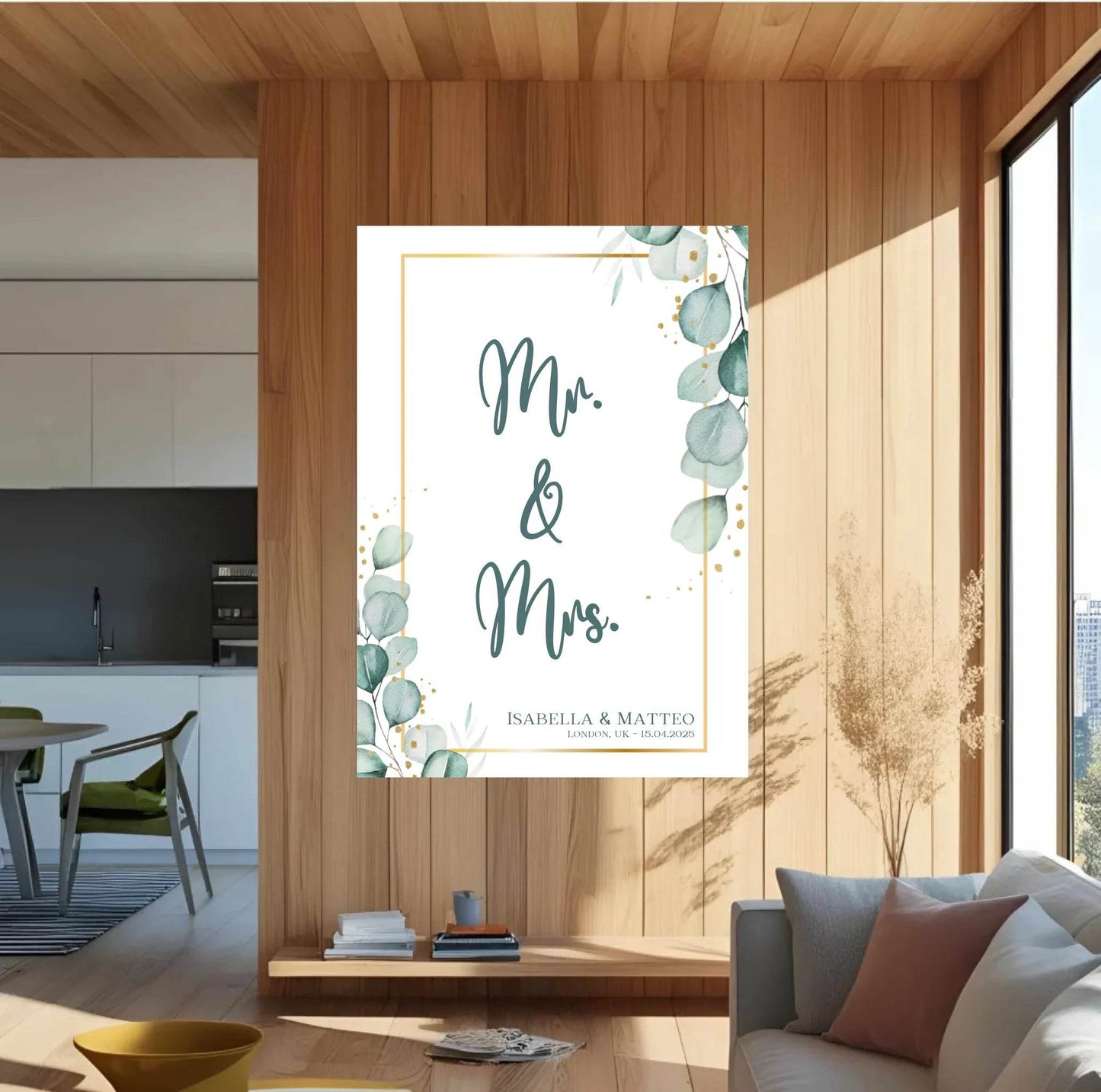 happy-prints.eu - Personalisiertes Poster für Brautpaar - minimalistisches Design mit Eukalyptus Blätter in mint petrol und gold