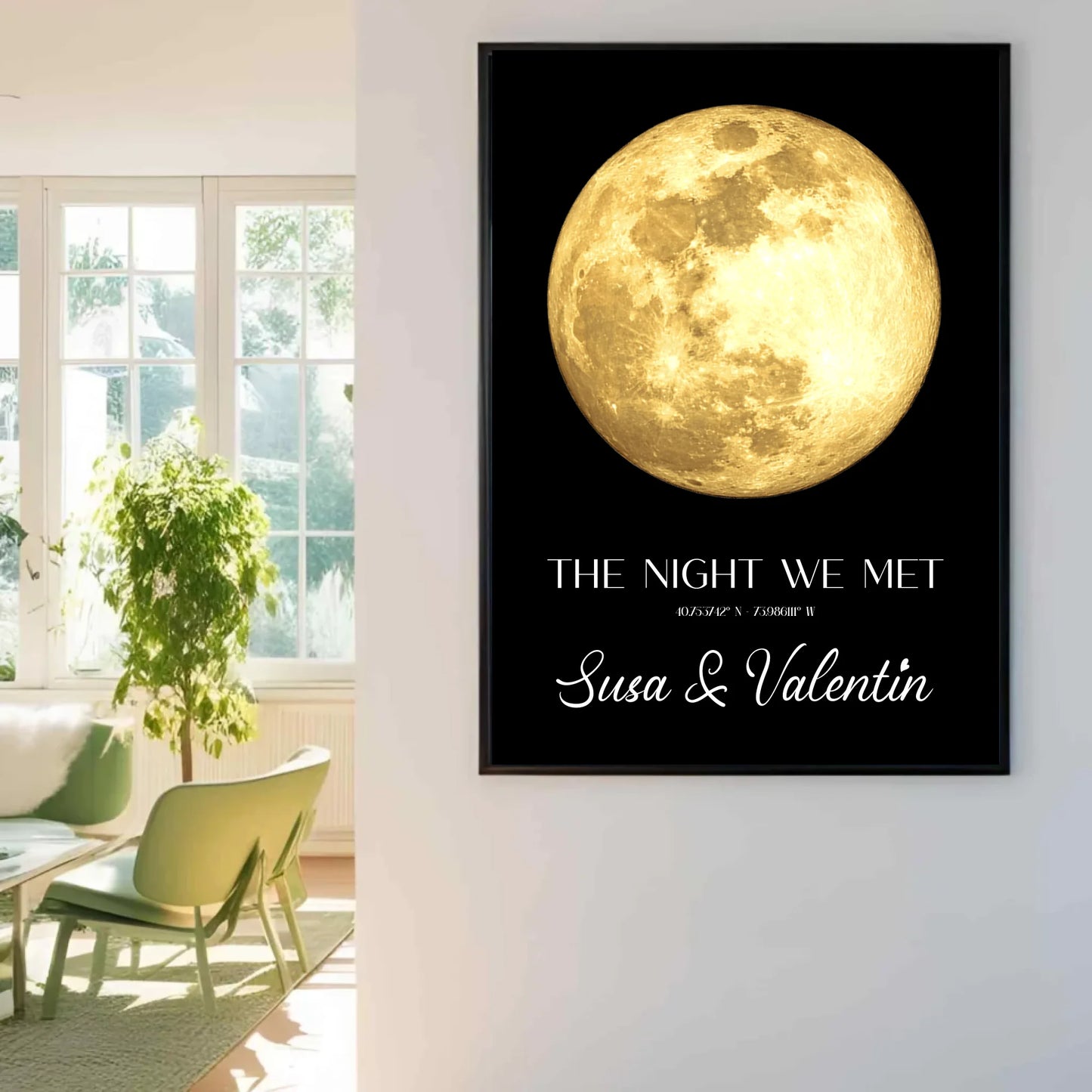Personalisierte Mondkarte auf schwarz - Persönliche Koordinaten nach Ort und Datum - Mond in blau, silber und gold verfügbar - Design kann individuell angepasst werden -